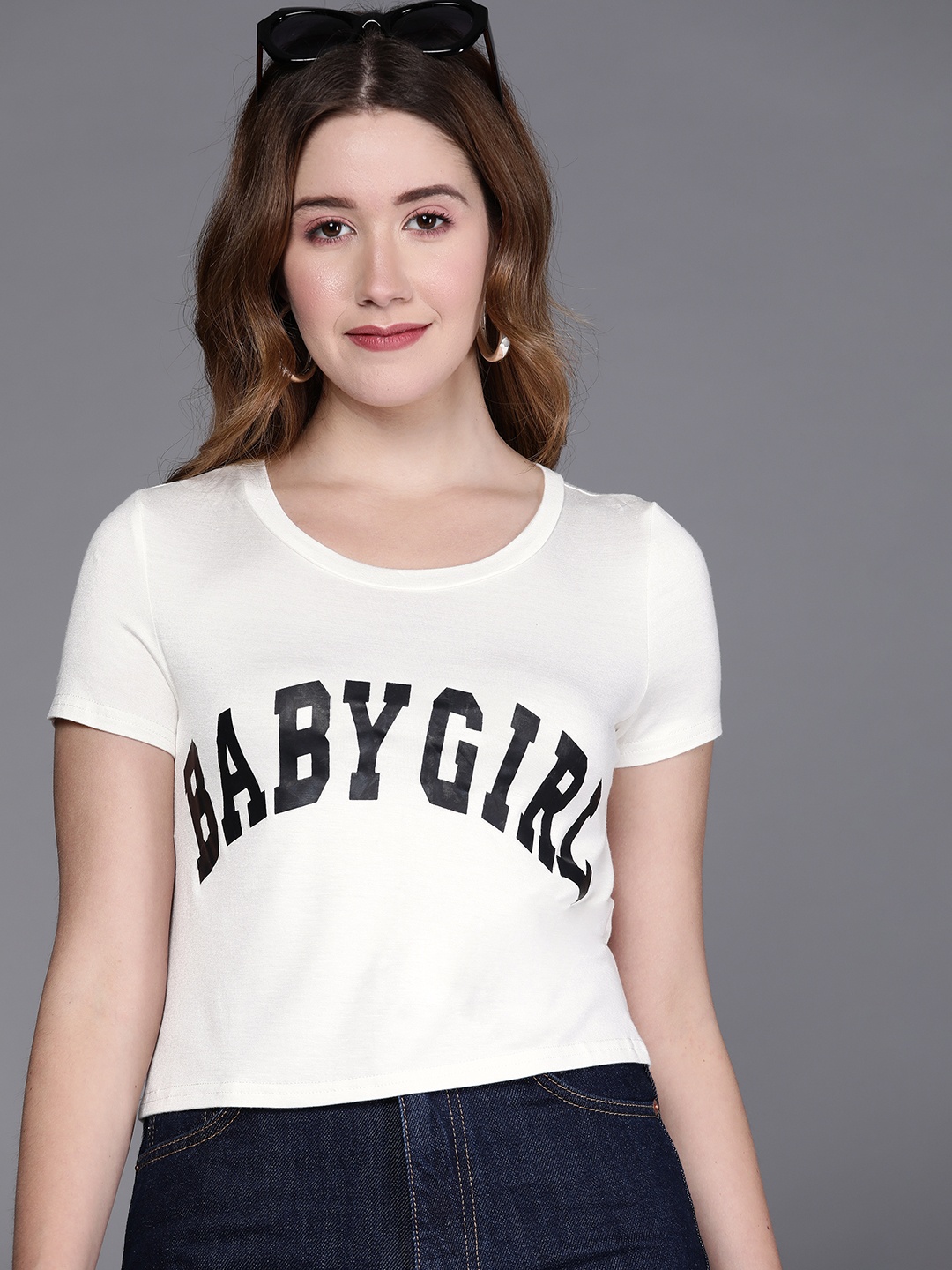 JC Mode Women White & Black Typography Printed Cropped T-shirt