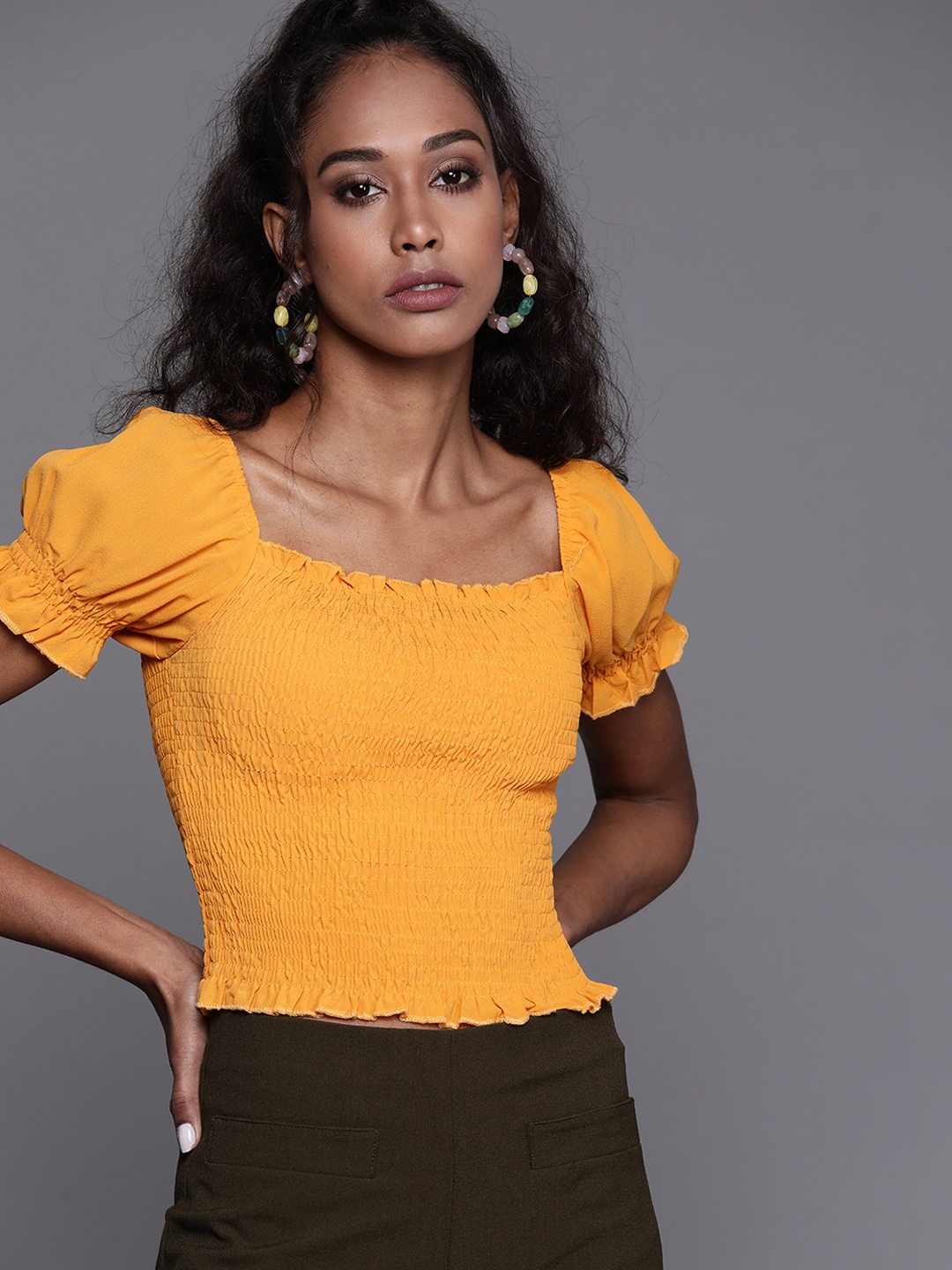JC Mode Mustard Yellow Solid Smocked Top