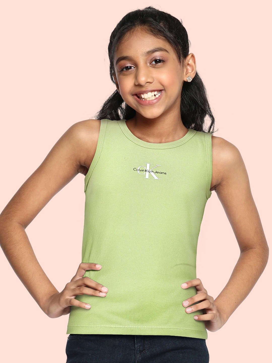 Calvin Klein Jeans Green Brand Logo Pure Cotton Ribbed Tank Top