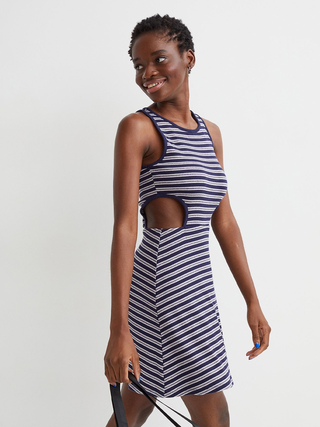 H&M Women Blue Ribbed Jersey Dress