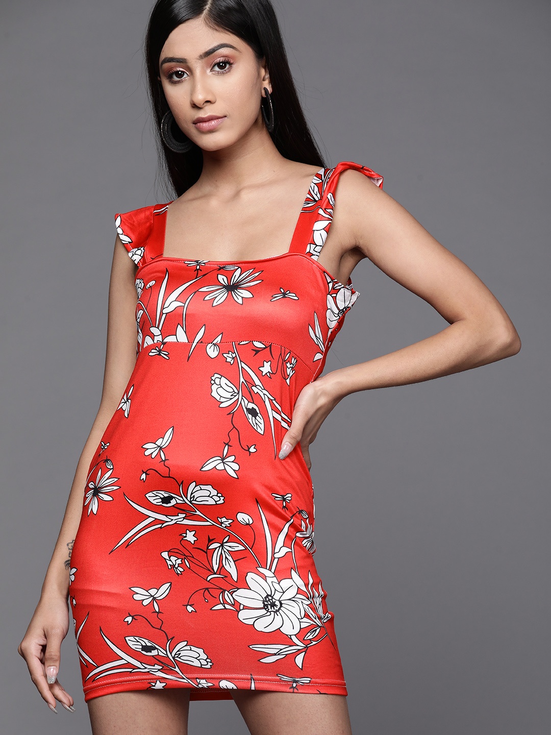 JC Mode Women Red & White Floral Bodycon Mini Dress