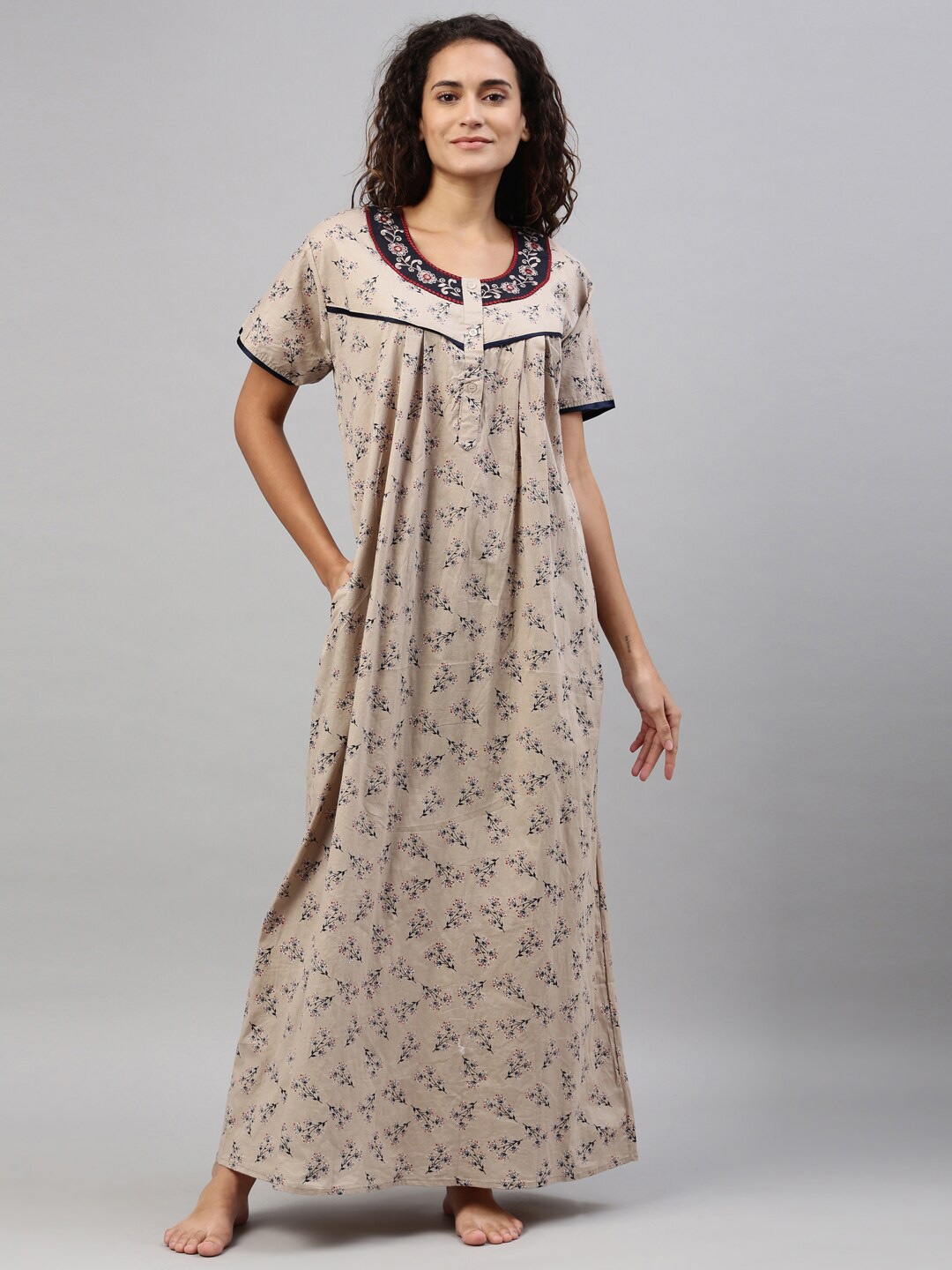TRUNDZ Beige Printed Organic Cotton Maxi Nightdress