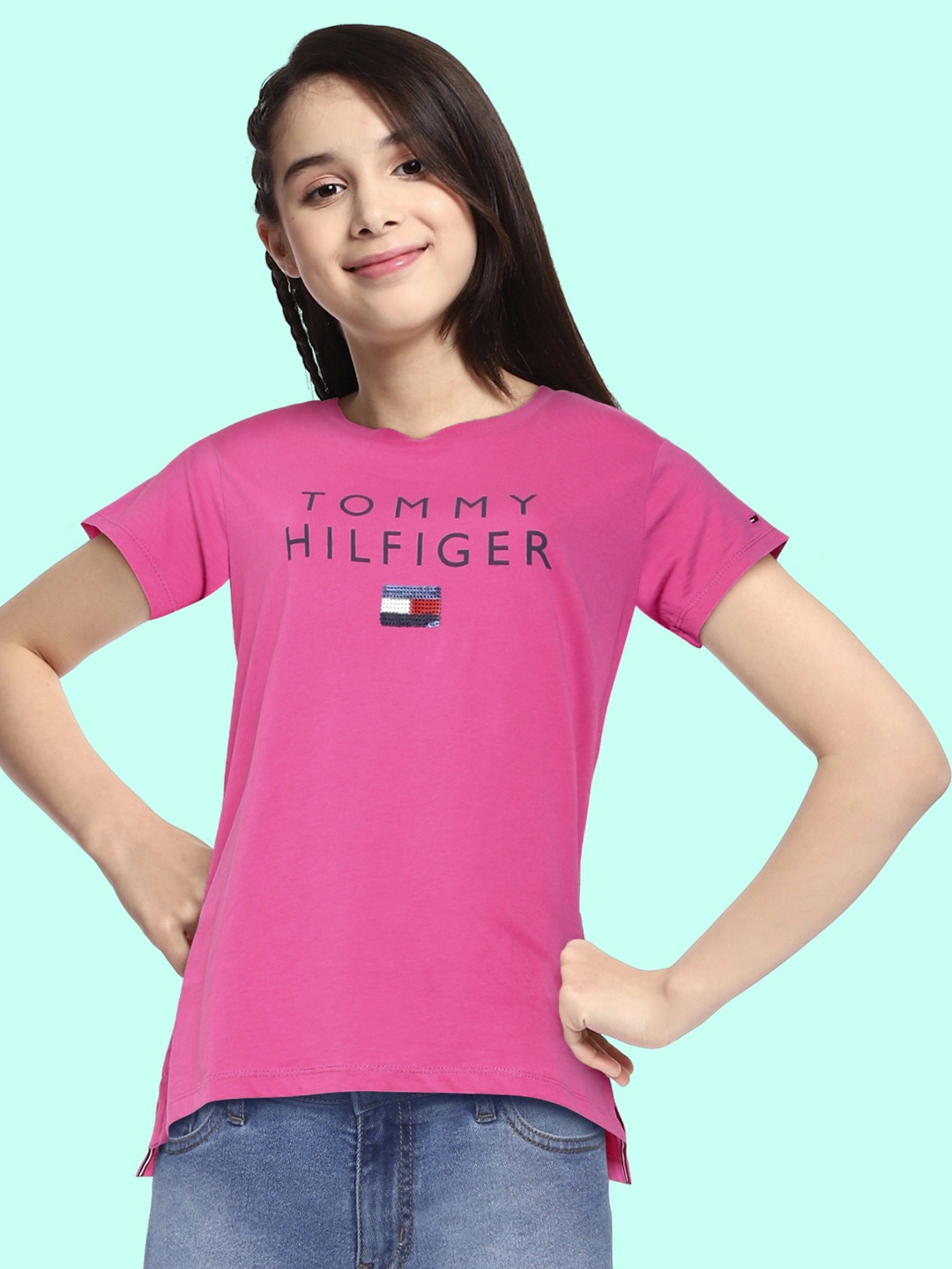 Tommy Hilfiger Girls Purple Typography Organic Cotton T-shirt