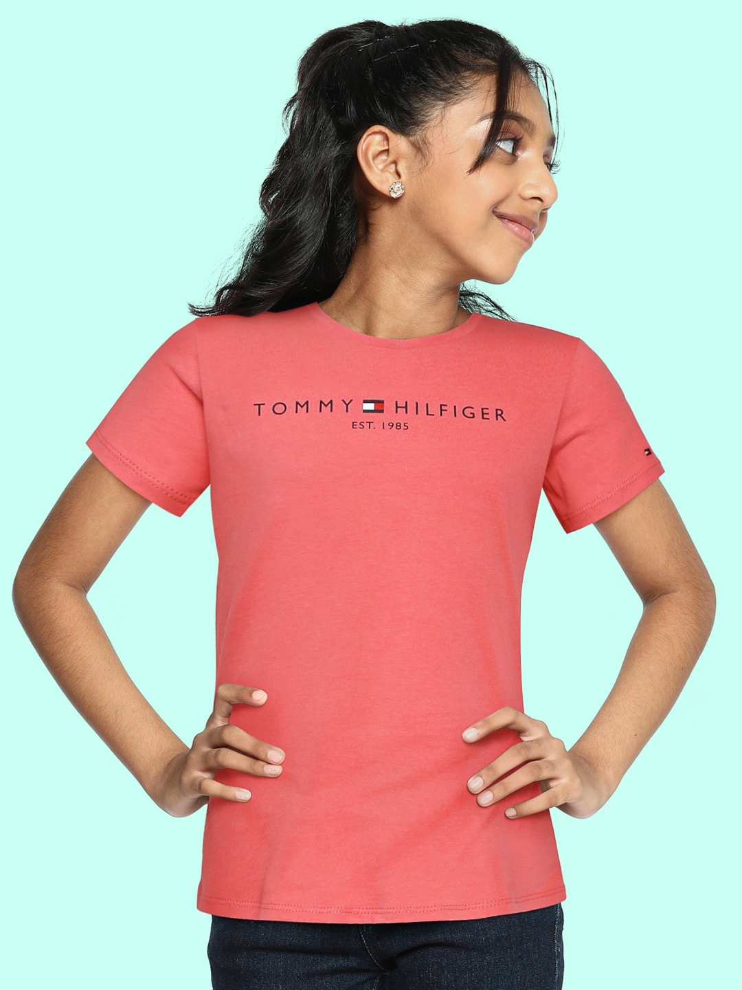 Tommy Hilfiger Girls Coral Pink Brand Logo Printed Organic Cotton T-shirt