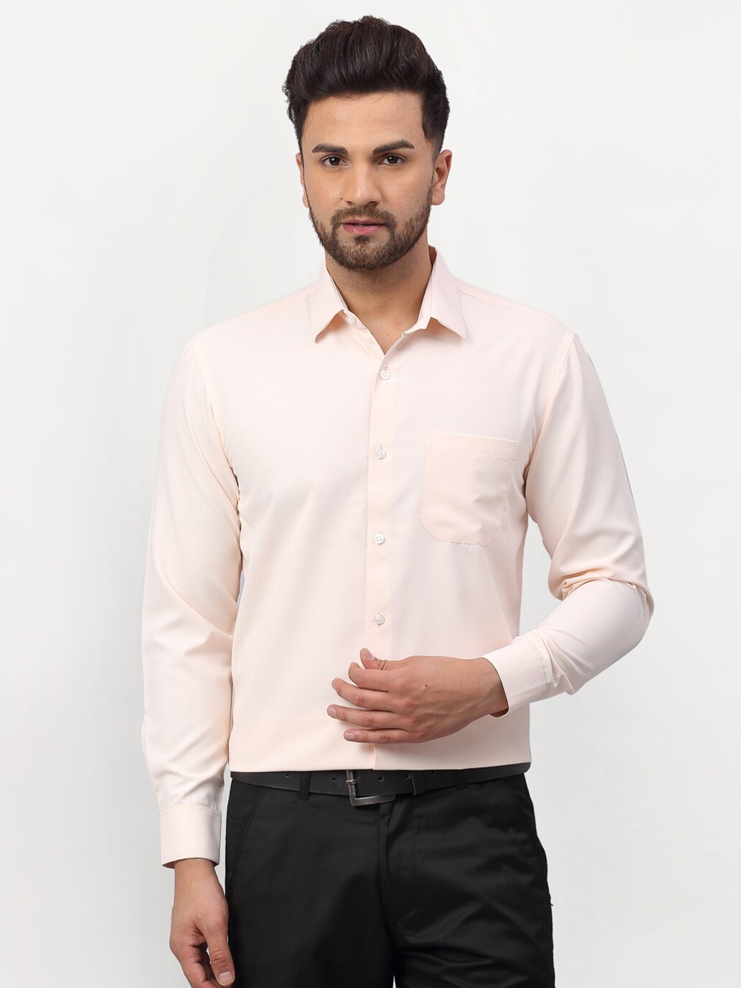 JAINISH Men Peach-Coloured Comfort Pure Cotton Formal Shirt
