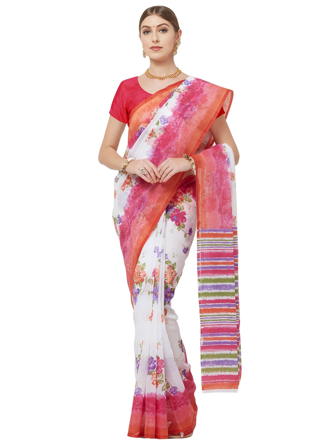 Nimayaa Women White Floral Printed Cotton Blend Saree