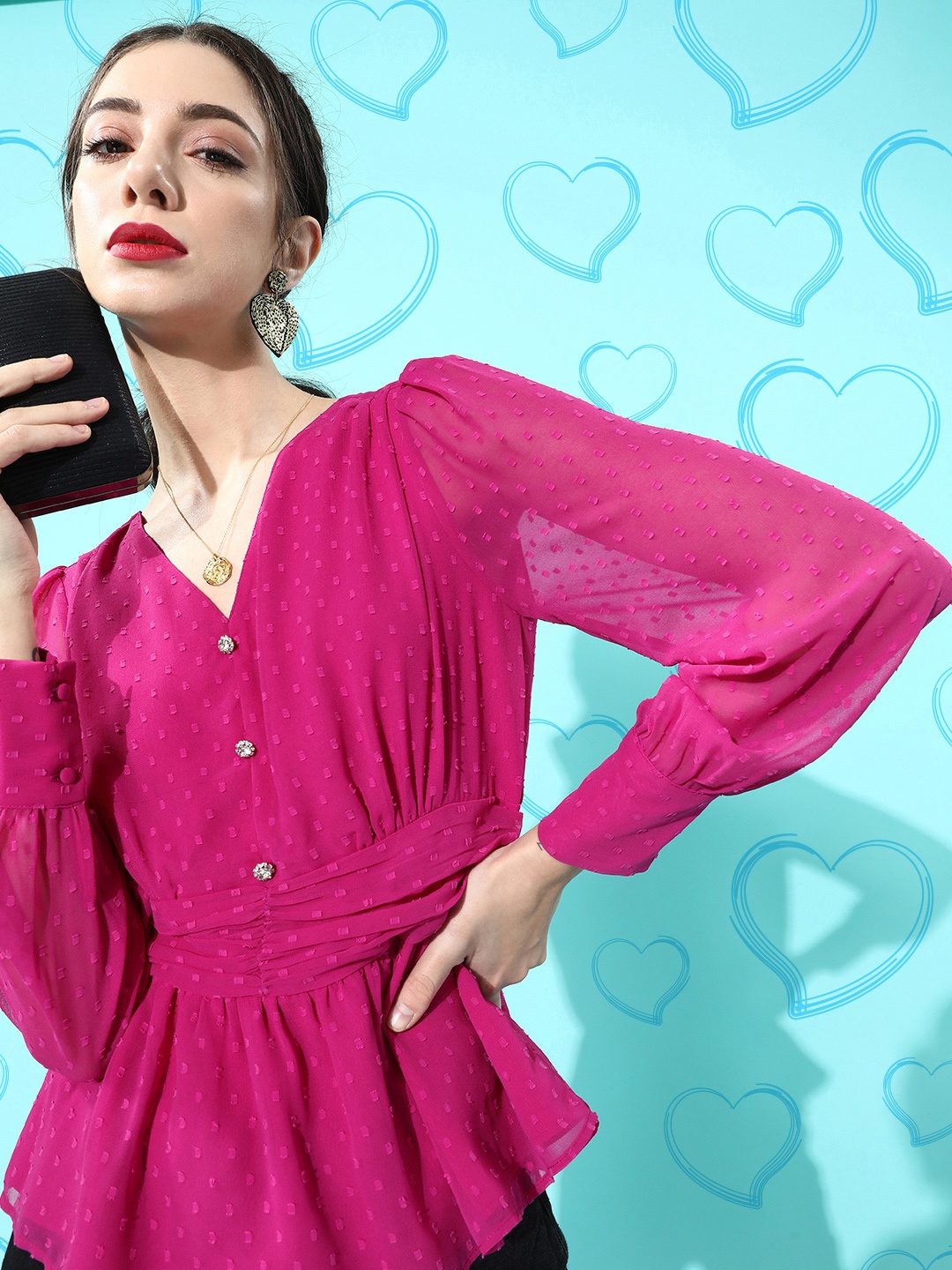 COVER STORY Women Pretty Pink Solid Dobby Weave Top