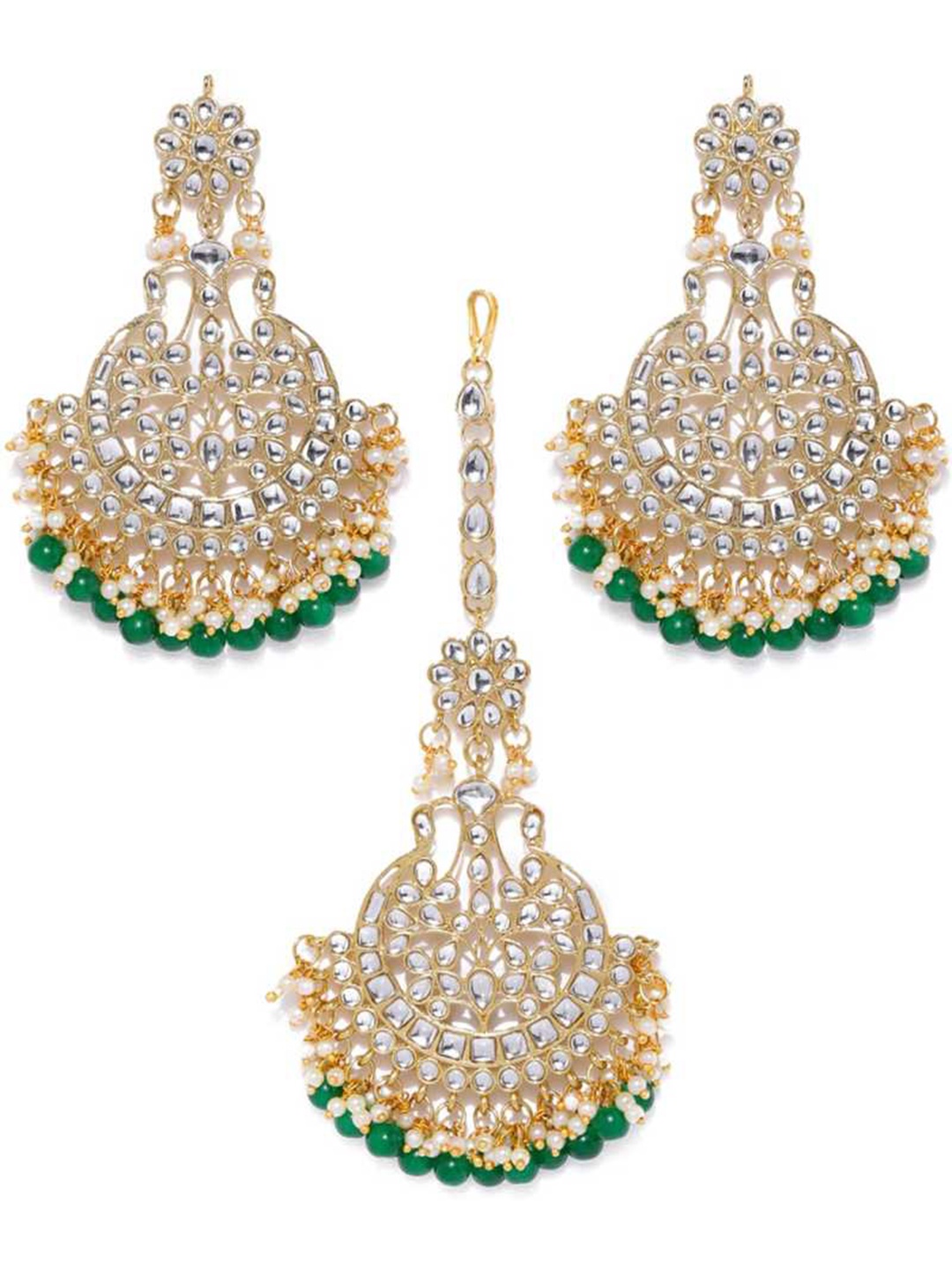 LIVE EVIL Green Gold-Plated Kundan & Pearl Studded Earrings & Maang Tikka Jewellery Set
LIVE EVIL Green Gold-Plated Kundan & Pearl Studded Earrings & Maang Tikka Jewellery Set