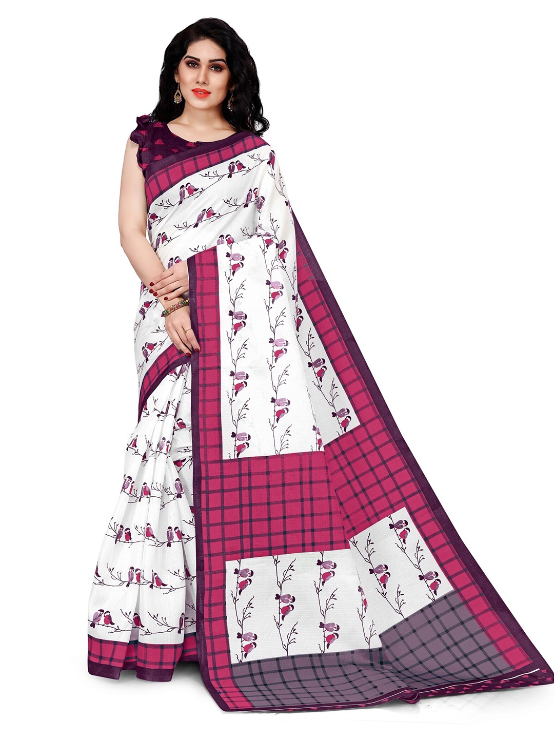 KALINI White & Purple Floral Printed Art Silk Saree