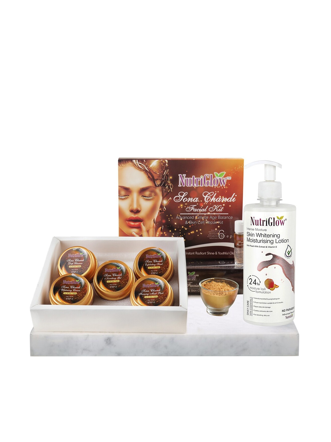 NutriGlow Set of 2 Sona Chandi Facial Kit 250g+10ml & Skin Whitening Lotion 500ml, Brown
NutriGlow Set of 2 Sona Chandi Facial Kit 250g+10ml & Skin Whitening Lotion 500ml, Brown