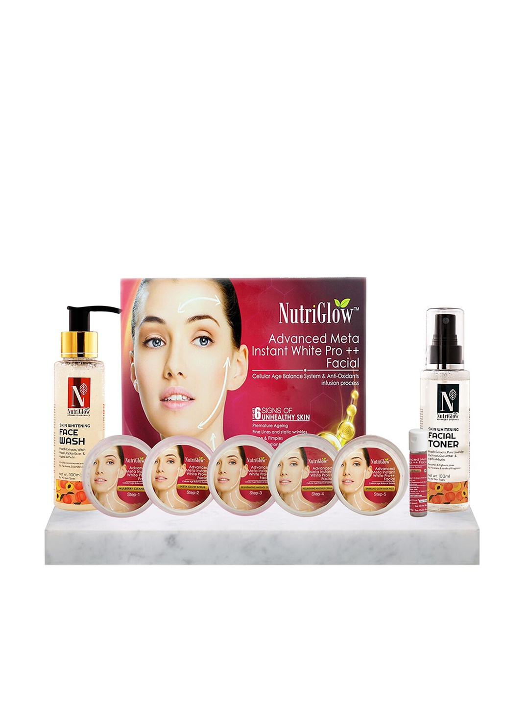NutriGlow Advanced Meta Facial Kit 250g+10ml Skin Whitening Face Wash 100ml & Toner 100ml, Multi
NutriGlow Advanced Meta Facial Kit 250g+10ml Skin Whitening Face Wash 100ml & Toner 100ml, Multi