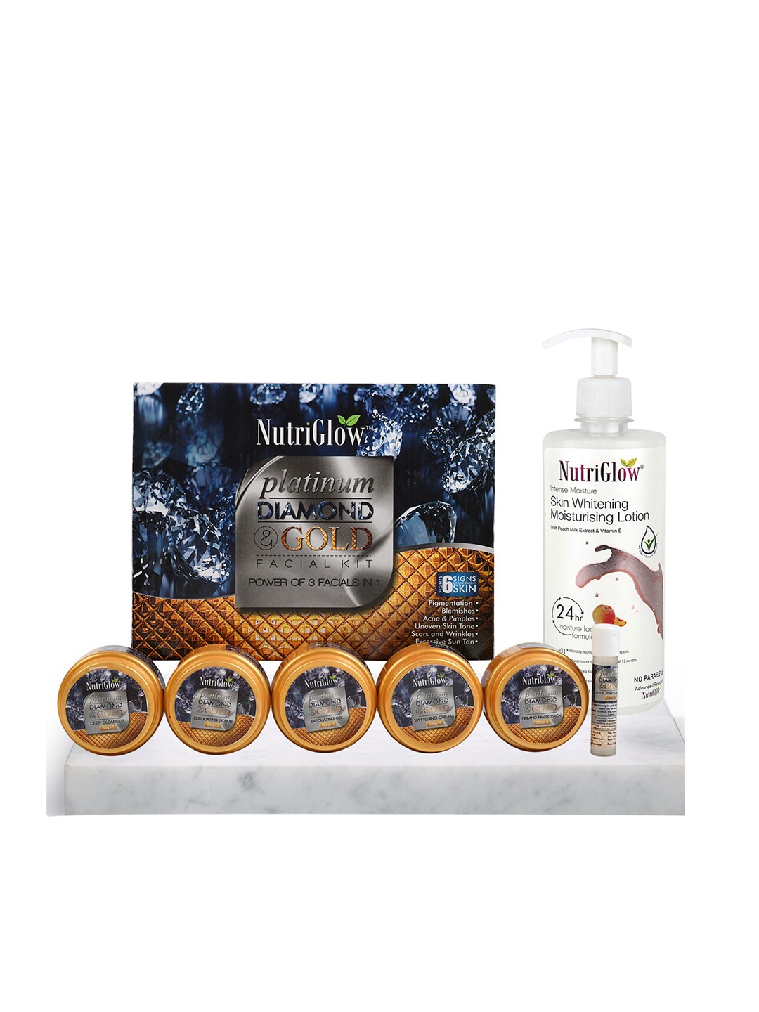 NutriGlow Platinum Diamond & Gold Facial Kit 250g+10ml with Skin Whitening Lotion 500ml, White
NutriGlow Platinum Diamond & Gold Facial Kit 250g+10ml with Skin Whitening Lotion 500ml, White