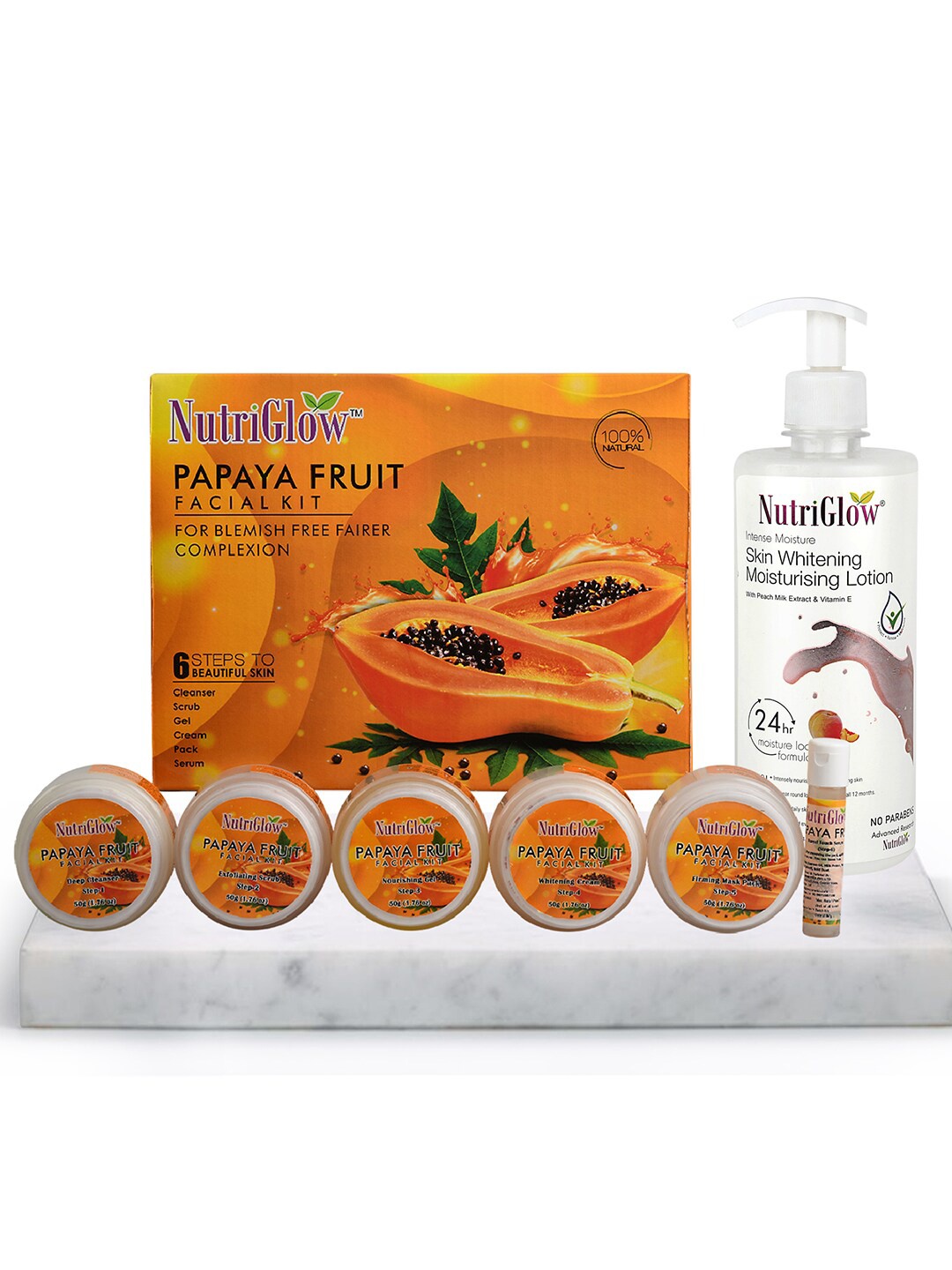 NutriGlow Set of Papaya Fruit Facial Kit 250g+10ml & Skin Whitening Lotion 500ml, Multi
NutriGlow Set of Papaya Fruit Facial Kit 250g+10ml & Skin Whitening Lotion 500ml, Multi