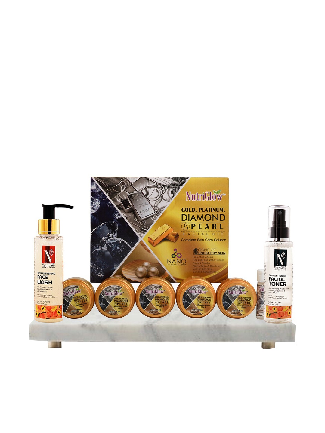 NutriGlow Platinum Diamond Gold & Pearl Facial Kit 250g+10ml with Face Wash & Toner, Multi
NutriGlow Platinum Diamond Gold & Pearl Facial Kit 250g+10ml with Face Wash & Toner, Multi