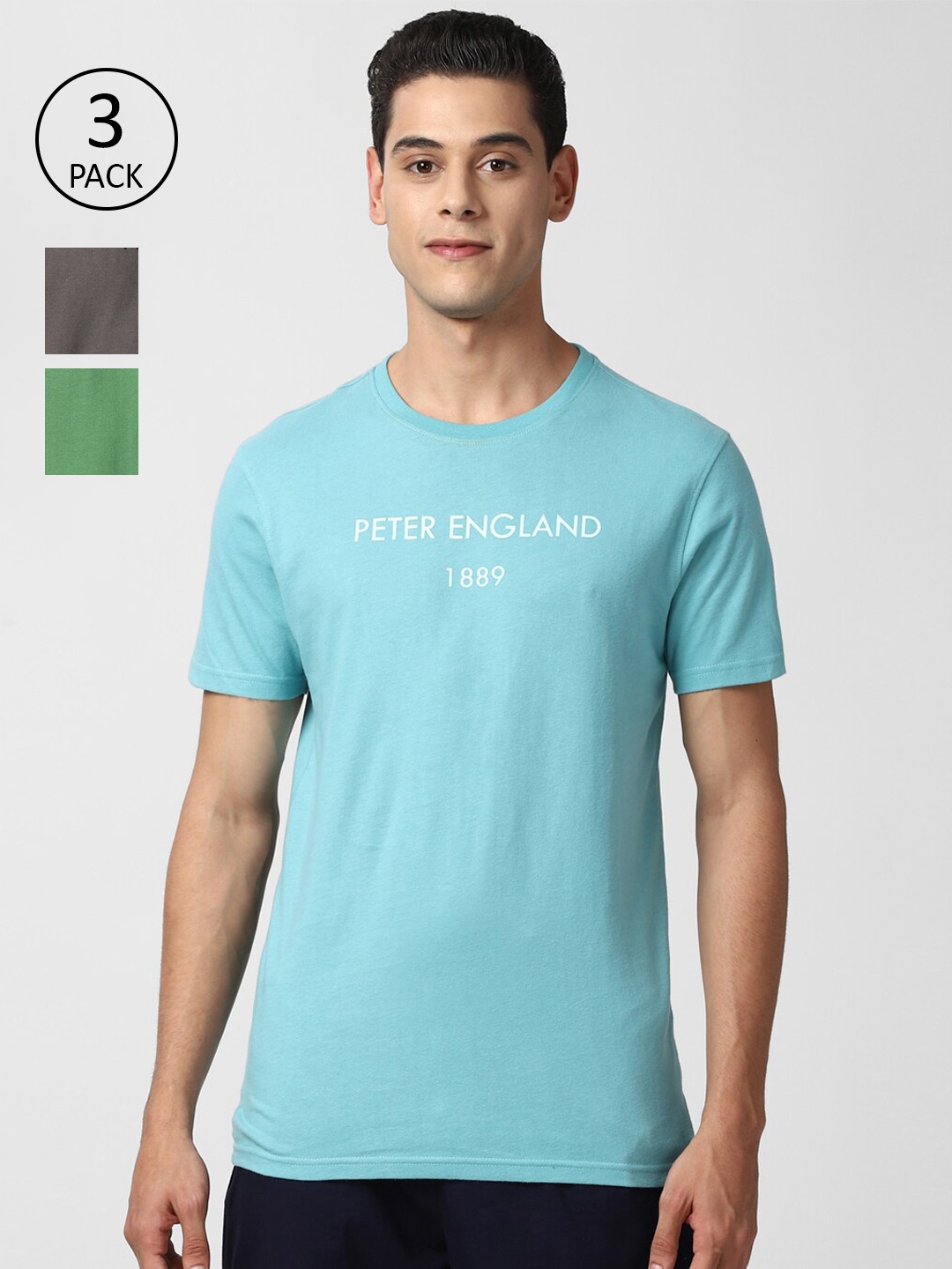 Peter England Men Pack Of 3 Typography Pure Cotton T-shirts, Green