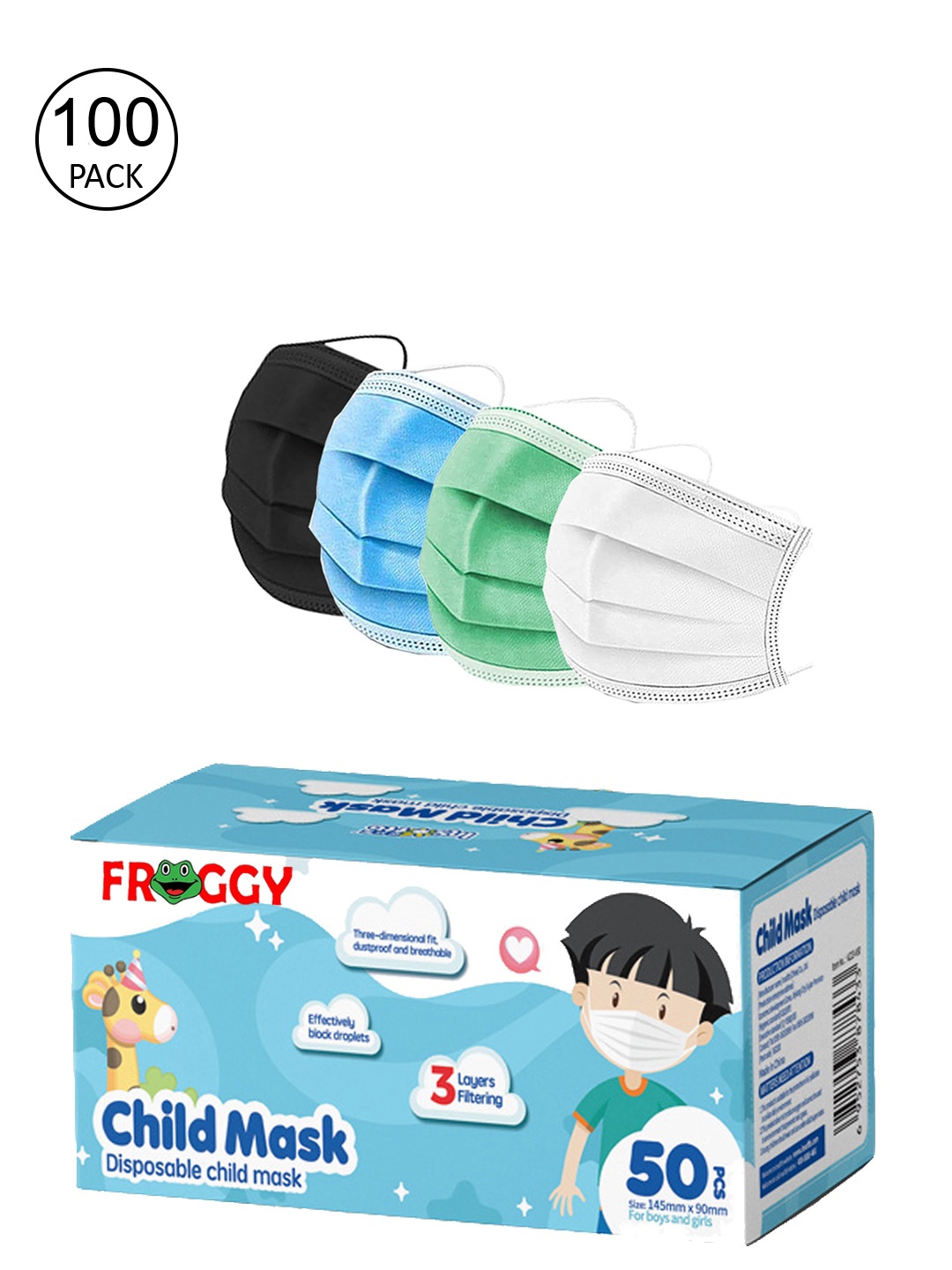 FROGGY Assorted Pack Of 100 3Ply Anti-Pollutions Disposable Outdoor Masks