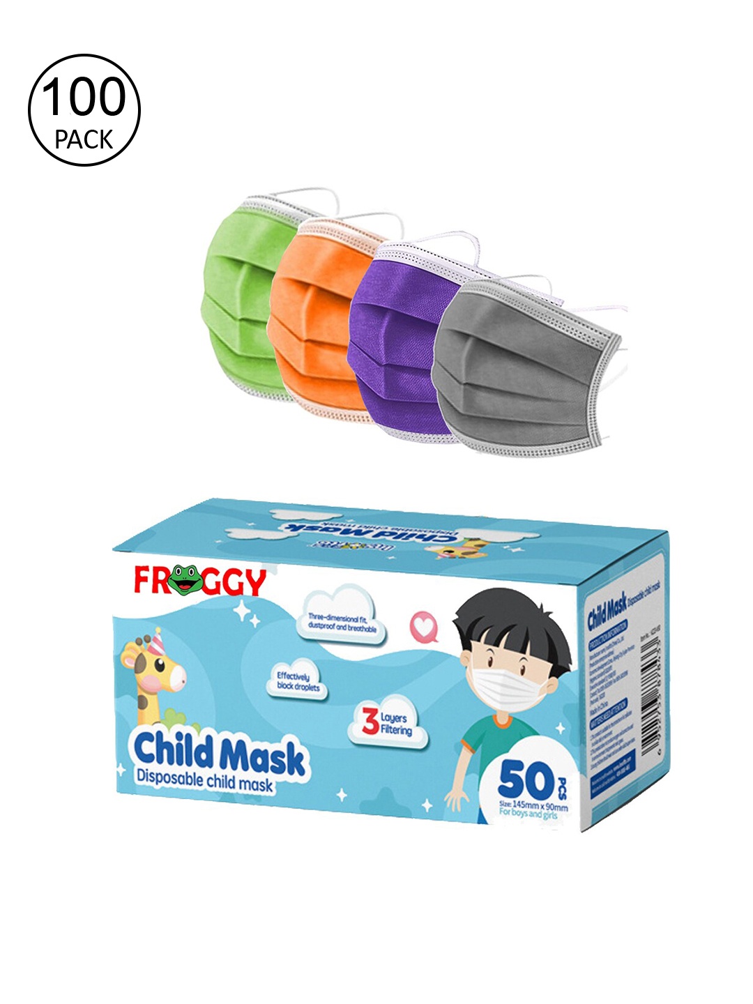 FROGGY Kids Pack Of 100 Assorted 3ply Anti-Pollution Disposable Mask