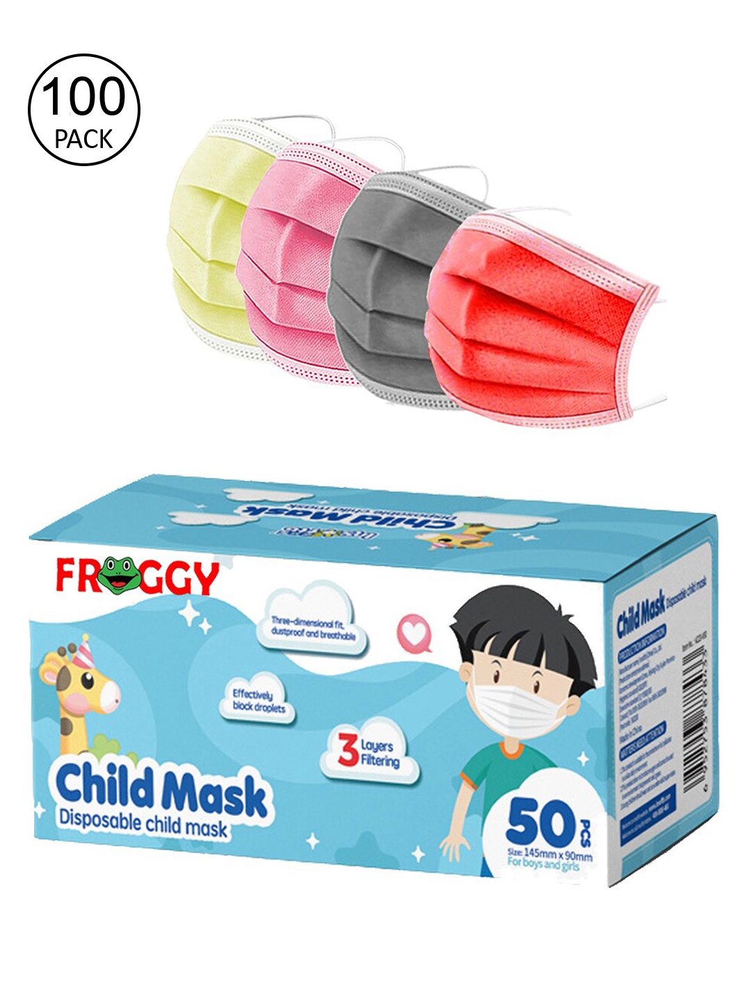 FROGGY Kids 100 Pcs 3-Ply Disposable Surgical Masks, Assorted