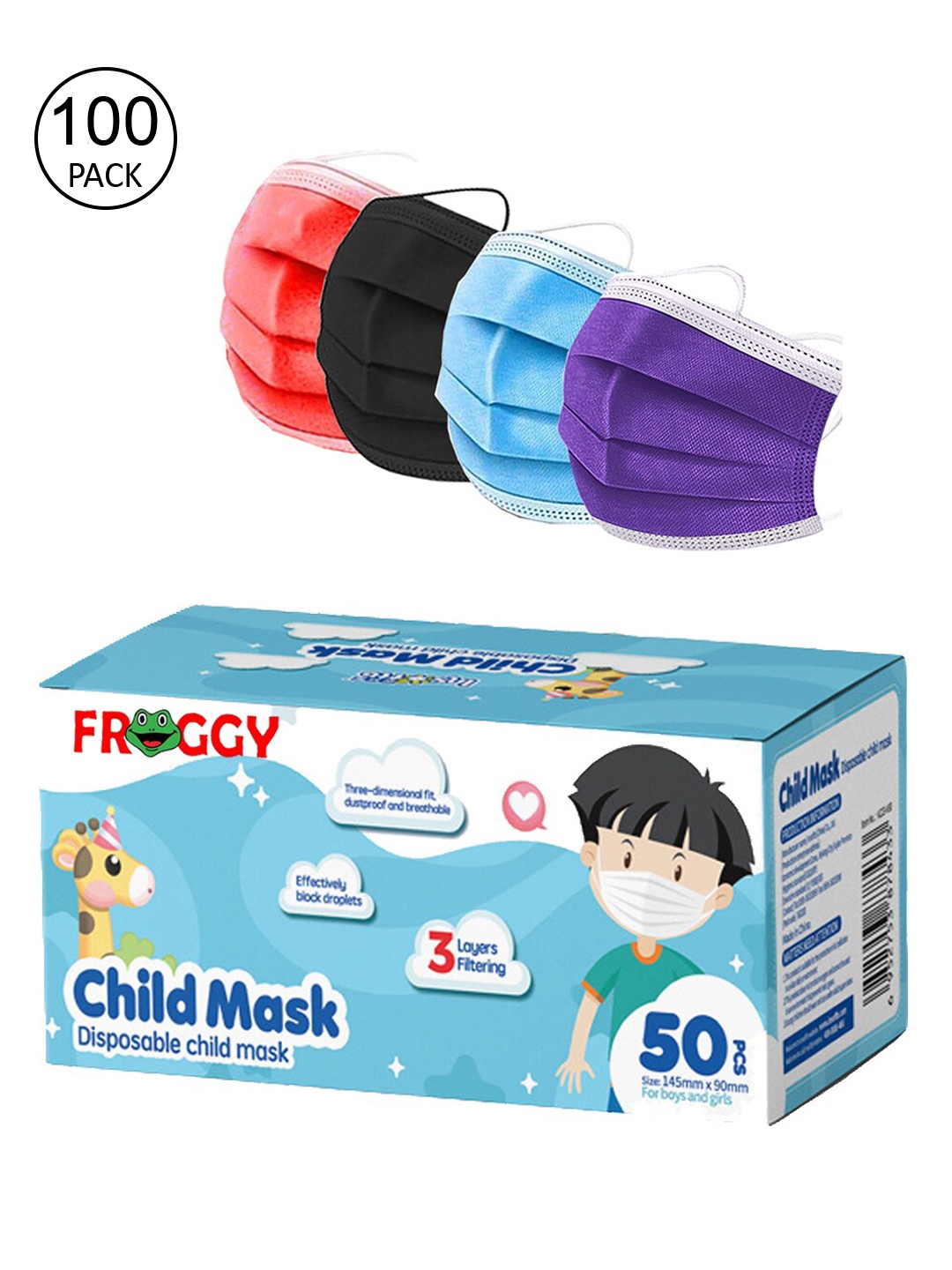 FROGGY Unisex Kids 100 Pcs Multicoloured 3-Ply Surgical Mask, Multi