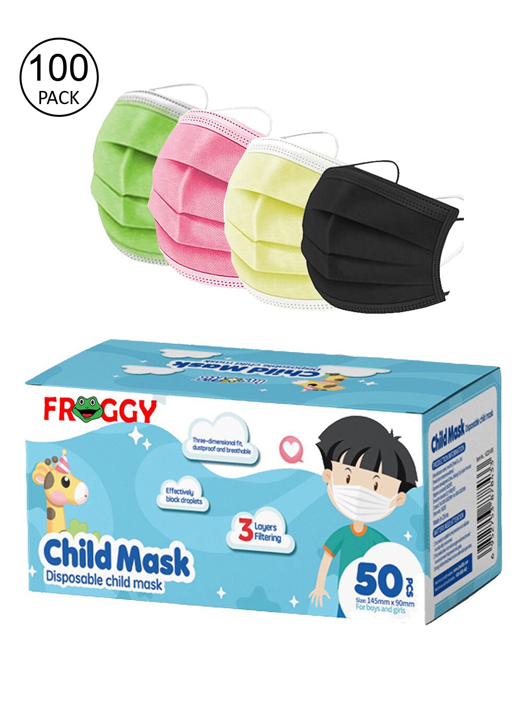 FROGGY Pack Of 100 Assorted 3 Ply Anti-Pollution Mask
