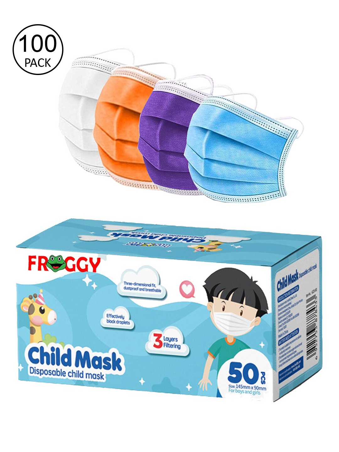 FROGGY Multicolored Pack Of 100 Assorted 3ply Anti-Pollution Mask With Nose-Pin, Blue
FROGGY Multicolored Pack Of 100 Assorted 3ply Anti-Pollution Mask With Nose-Pin, Blue