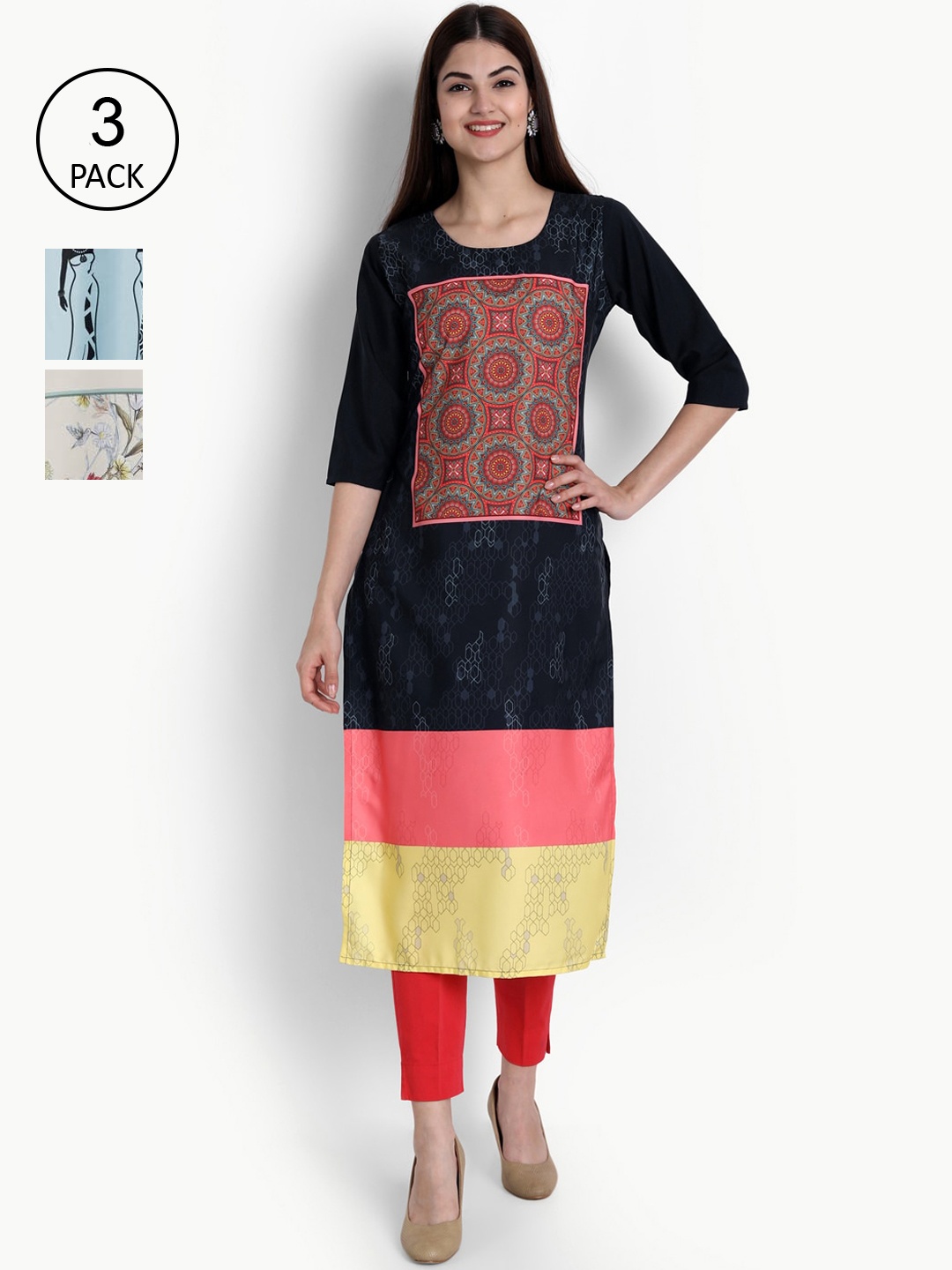 Ethnic basket Women Pack of 3 Printed Block Print Crepe Kurtas, Blue