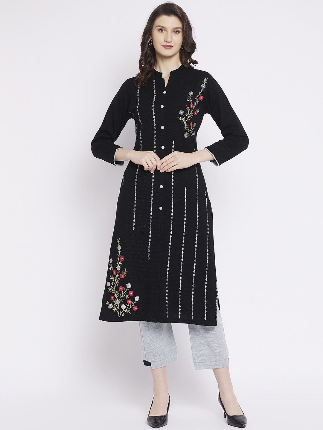 Zigo Winter Wear Women Black & Grey Floral Embroidered Kurta with Trousers
Zigo Winter Wear Women Black & Grey Floral Embroidered Kurta with Trousers