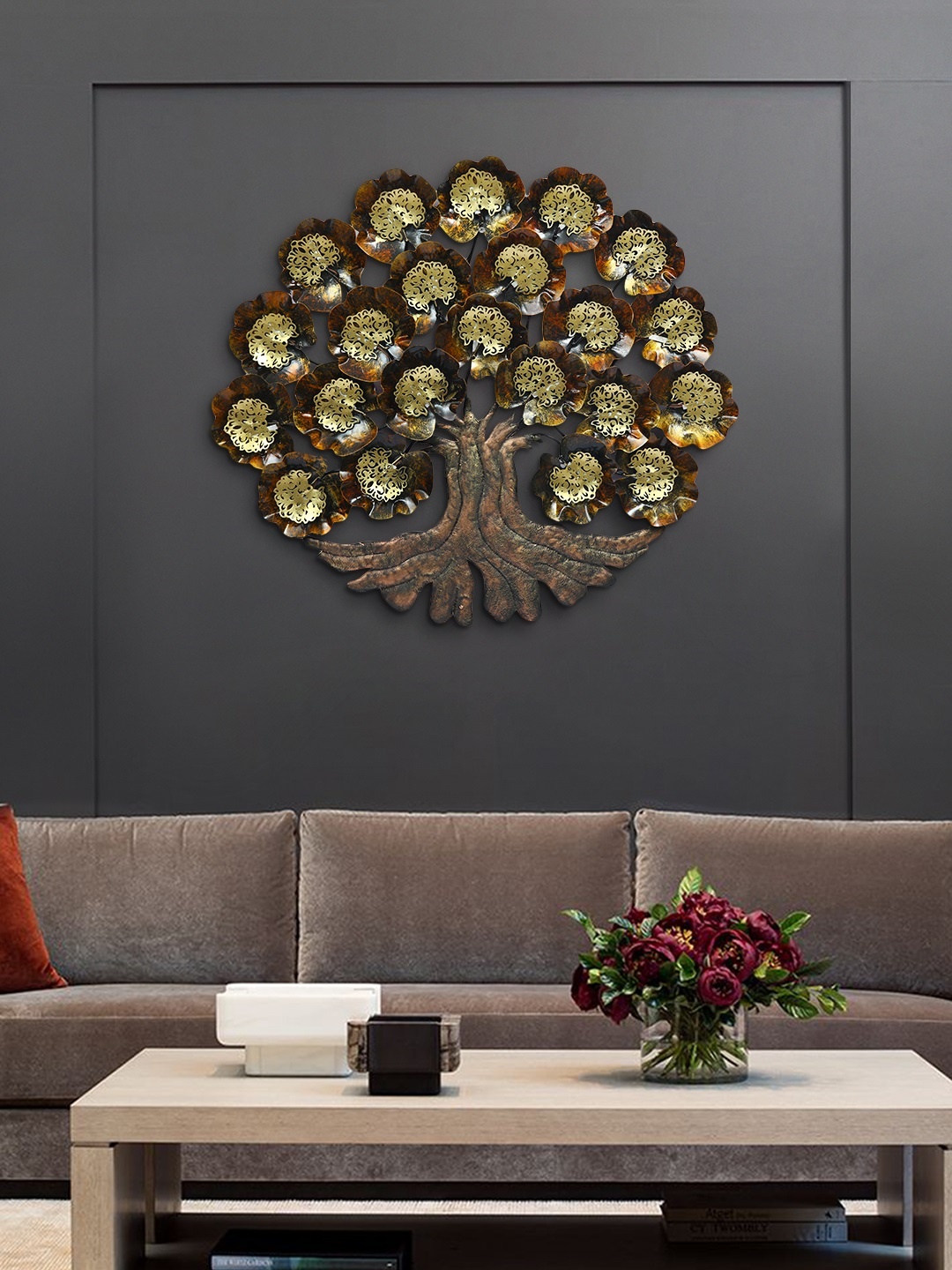 Aapno Rajasthan Brown And Gold Toned Modern Tree Wall Decor