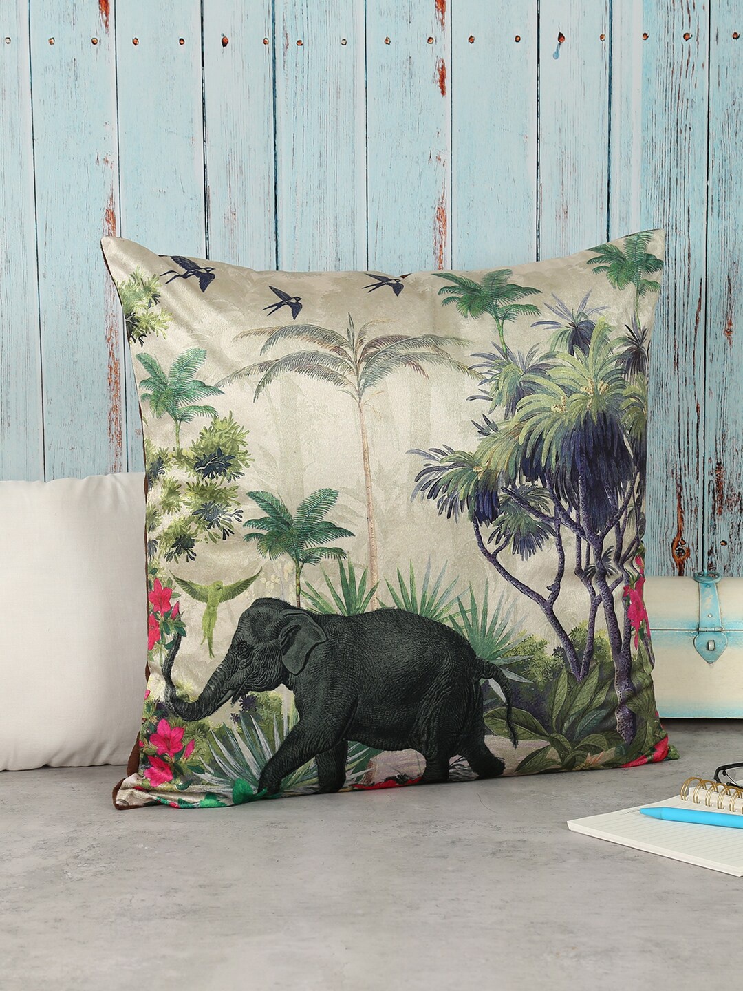 India Circus by Krsnaa Mehta Beige & Black Forest Printed Velvet Square Cushion Cover, Cream
India Circus by Krsnaa Mehta Beige & Black Forest Printed Velvet Square Cushion Cover, Cream