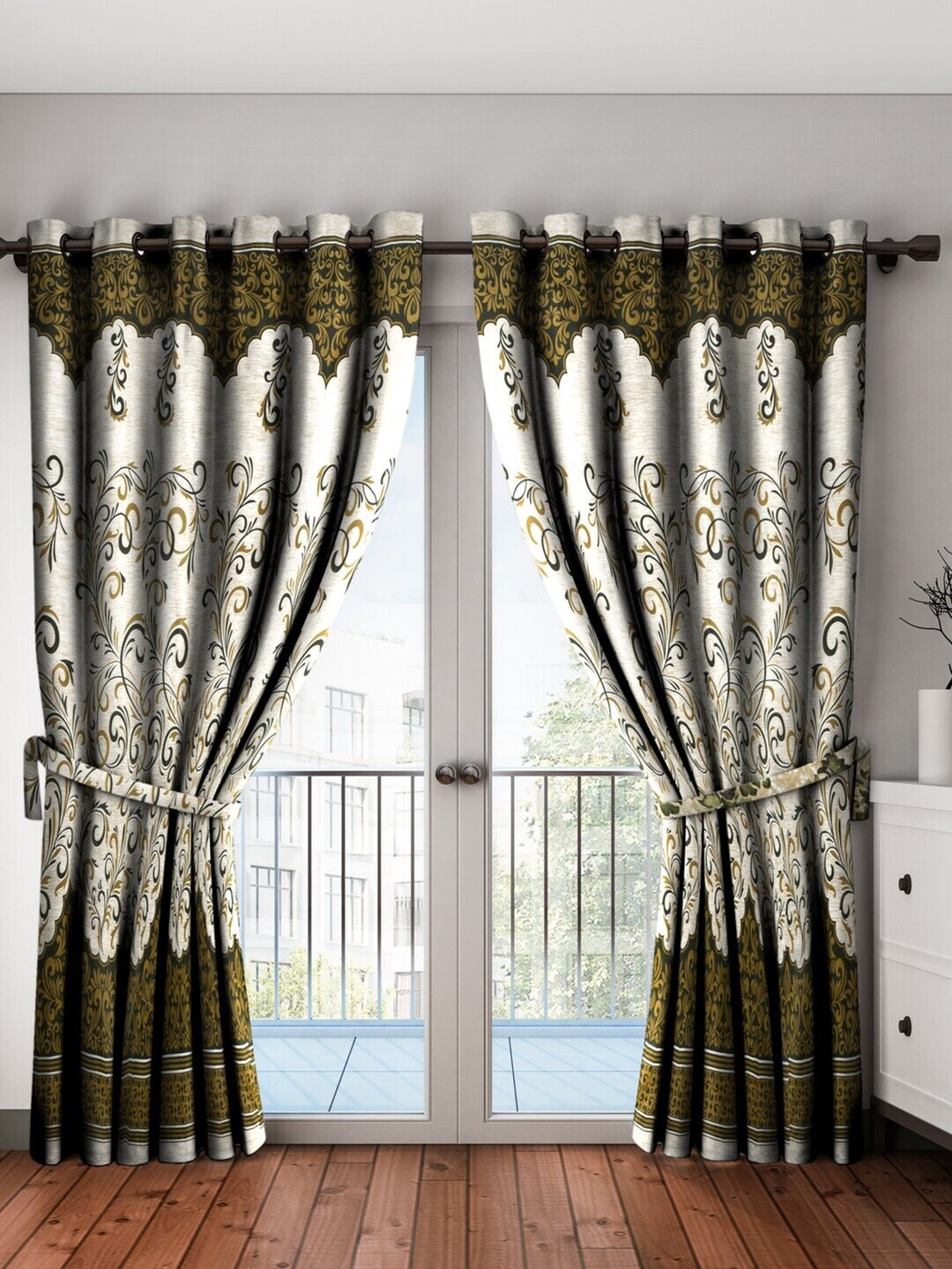 Home Sizzler Pack Of 2 Green Floral Printed Long Door Curtains