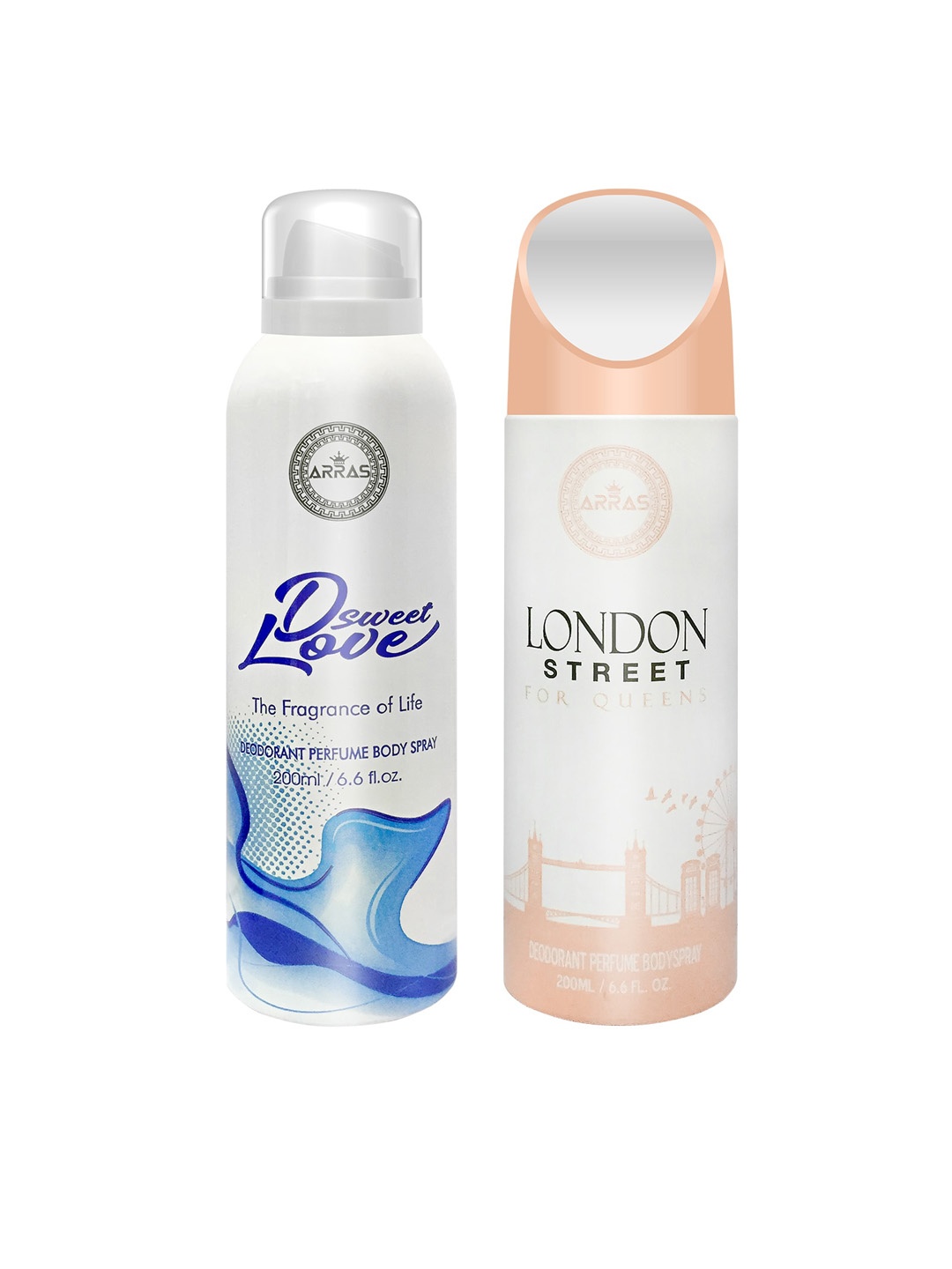 Arras Set Of 2 D Sweet Love Blue & London Street Deodorant Body Spray 400 ml, White
Arras Set Of 2 D Sweet Love Blue & London Street Deodorant Body Spray 400 ml, White