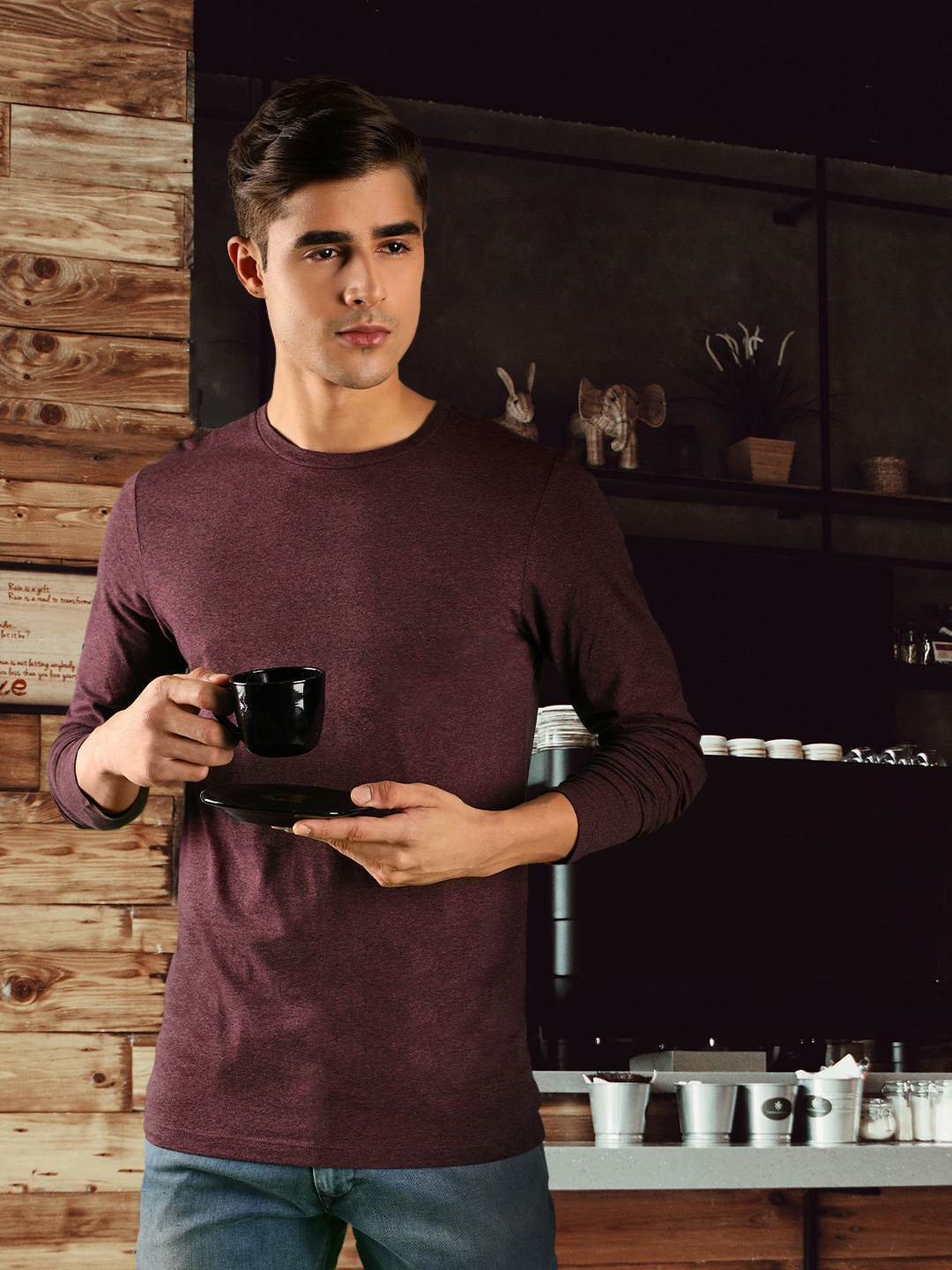 Jack & Jones Men Purple Self-Design Slim Fit T-shirt