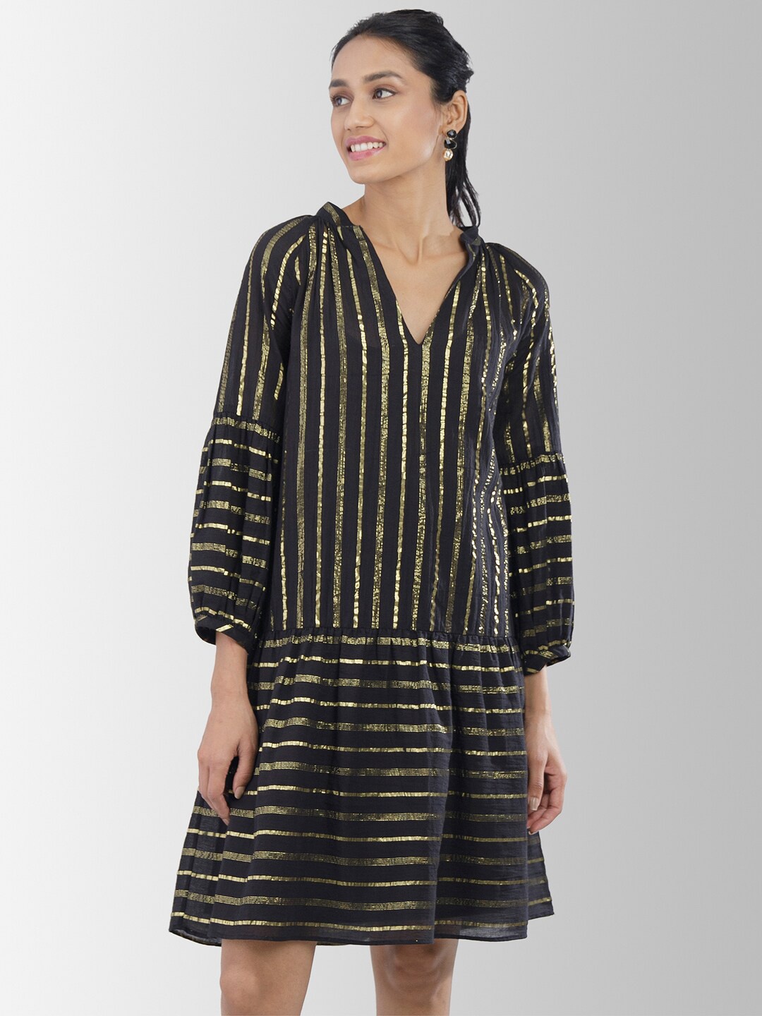 Pink Fort Black Striped A-Line Dress