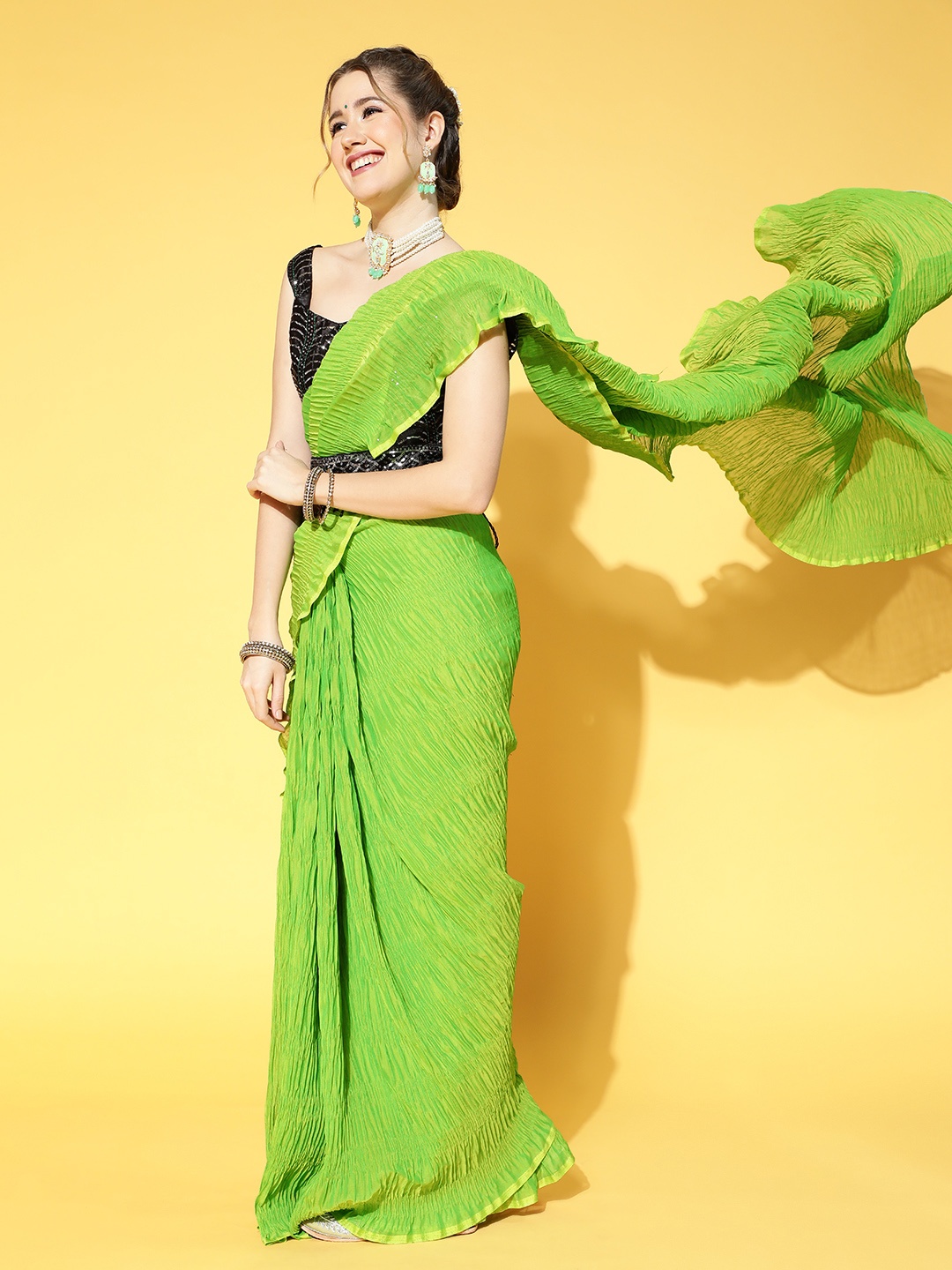 Saree mall Green & Black Solid Party Saree with Matching Blouse