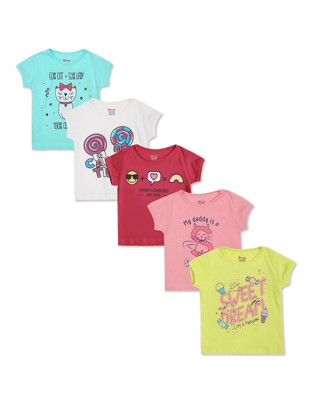 Donuts Girls Pack Of 5 Printed Pure Cotton T-shirts, Assorted