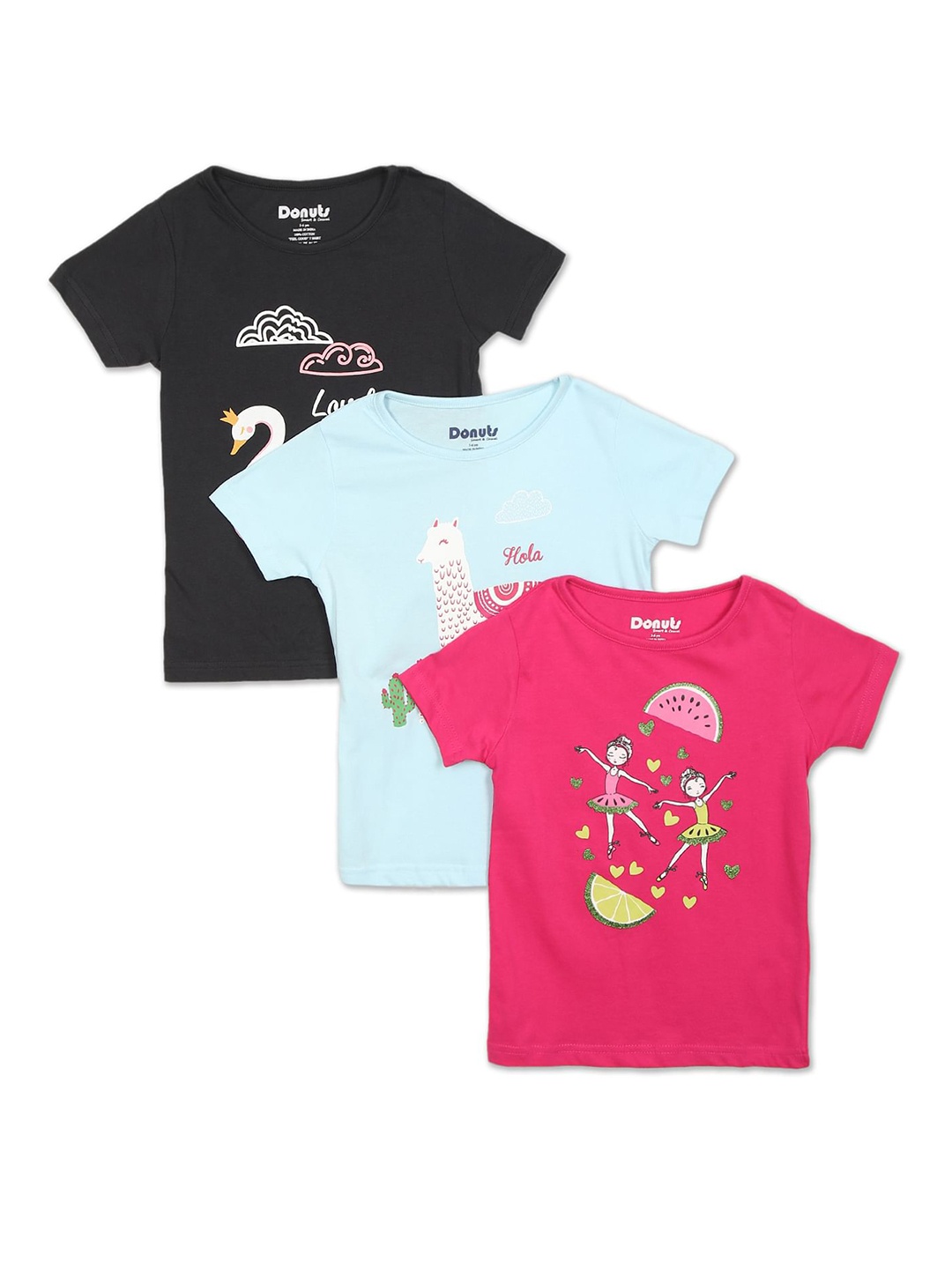 Donuts Pack Of 3 Girls Assorted Printed Cotton T-shirt