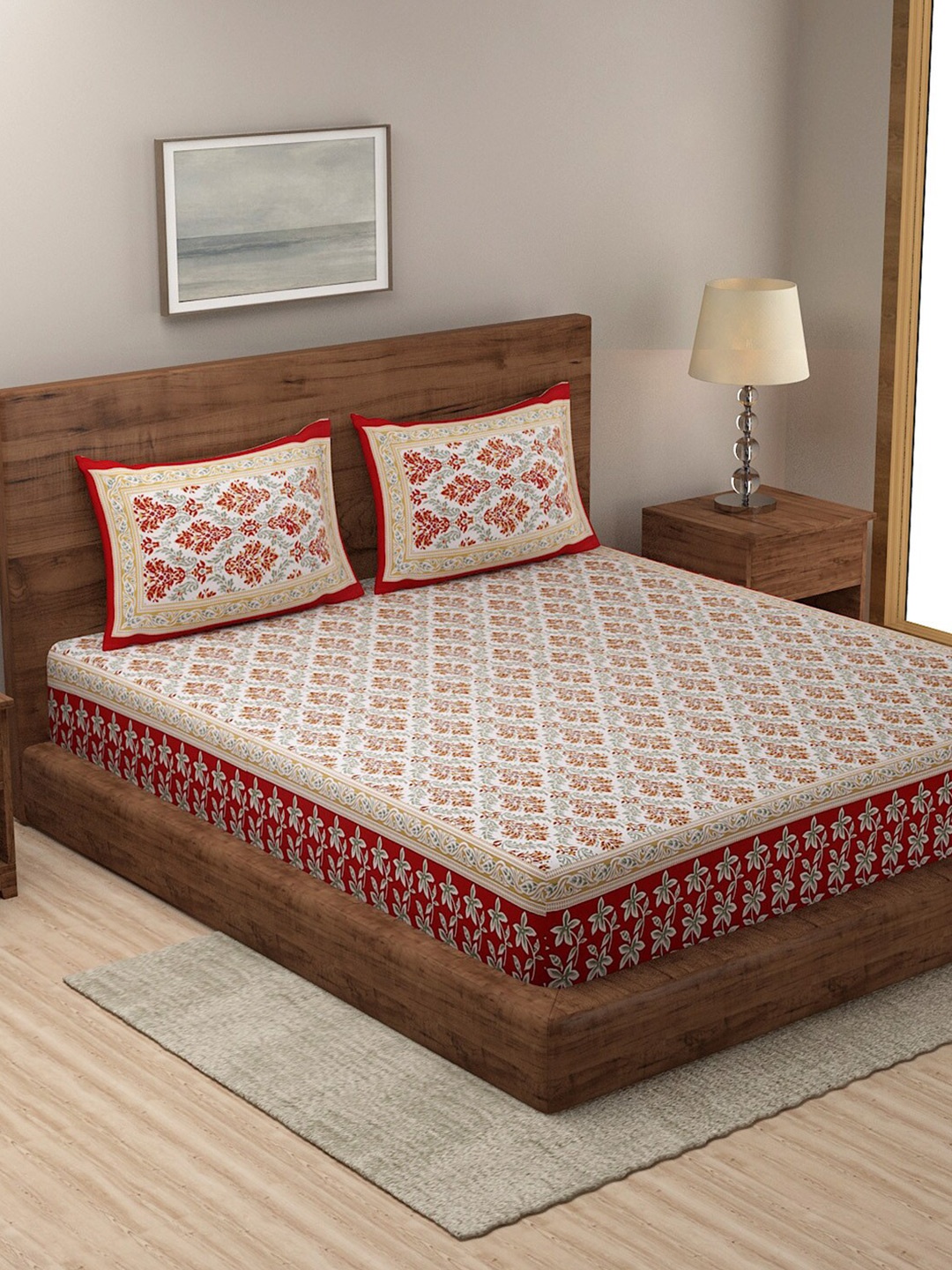 Rajasthan Decor White & Red Floral Printed 144 TC Queen Bedsheet with 2 Pillow Covers
Rajasthan Decor White & Red Floral Printed 144 TC Queen Bedsheet with 2 Pillow Covers