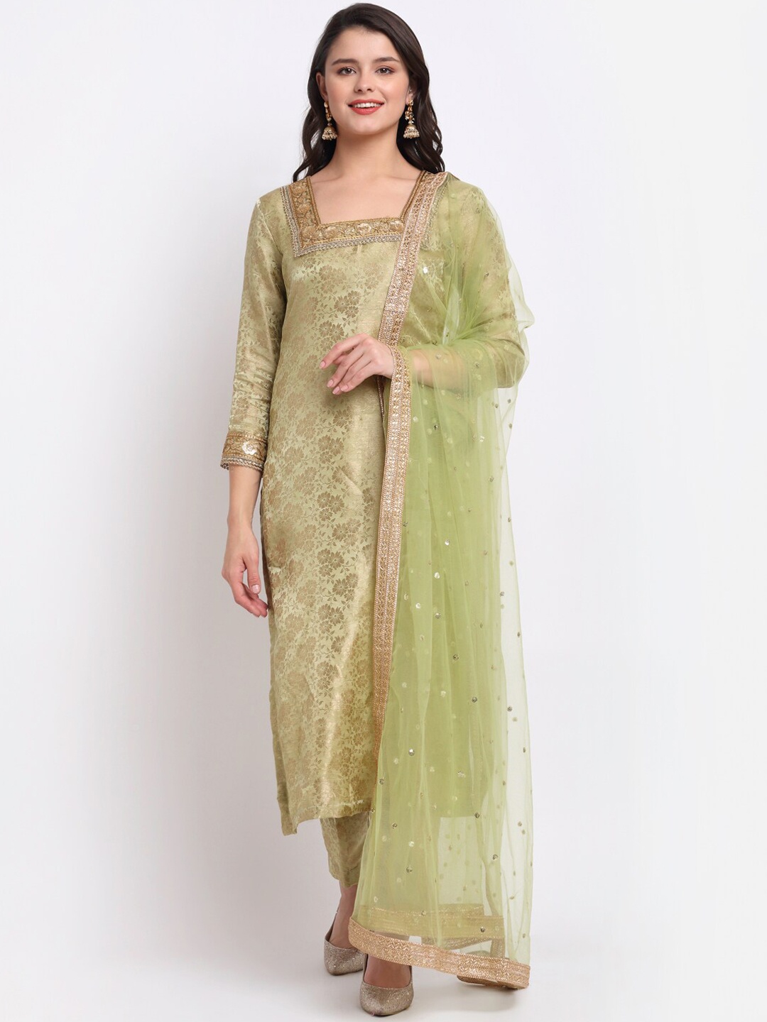 anokherang Women Green & Gold-Toned Floral Brocade Kurta With Trousers & Net Dupatta
anokherang Women Green & Gold-Toned Floral Brocade Kurta With Trousers & Net Dupatta