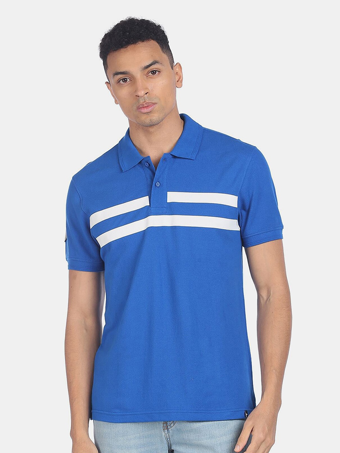 Ruggers Men Blue Polo Collar Applique T-shirt