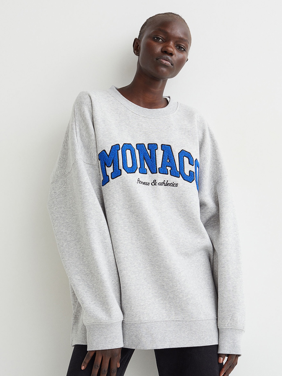 H&M Women Grey Melange Printed Oversized Motif-detail Sweatshirt