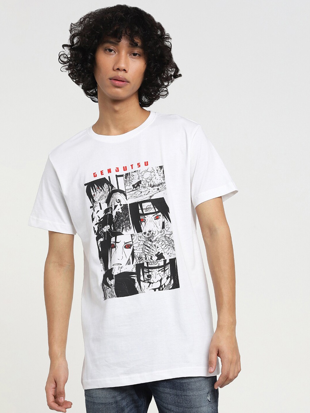 Bewakoof Men White & Black Genjutsu Graphic Printed Cotton T-shirt