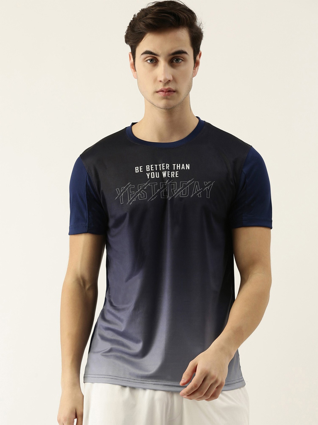 Maniac Men Navy Blue Typography Printed Slim Fit T-shirt