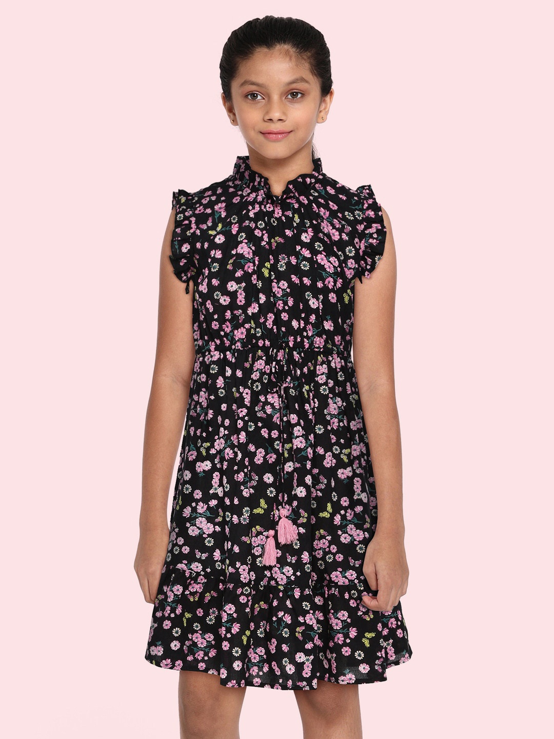HERE&NOW Girls Black & Pink Printed Peplum Dress