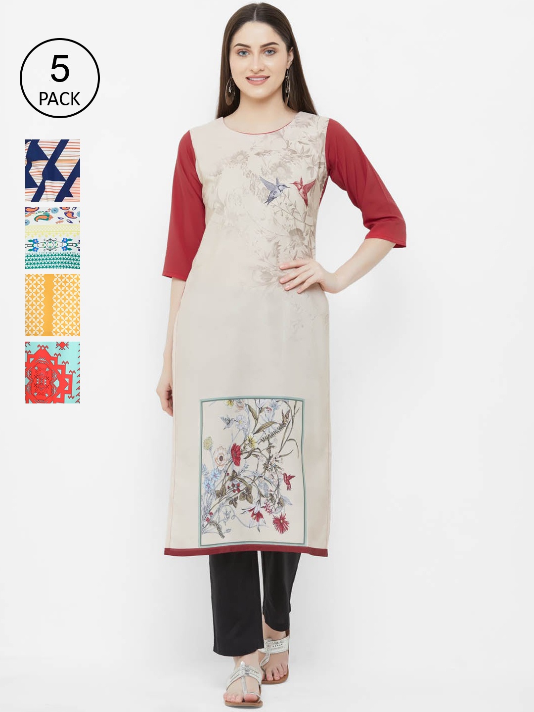 Ethnic basket Women Pack of 5 Digital Print Straight Kurta, Multi