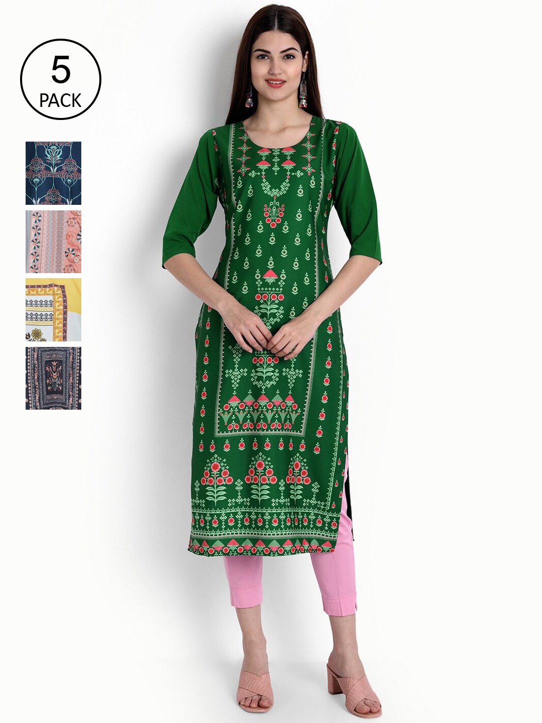 Ethnic basket Women Pack of 5 Digital Print Straight Kurta, Multi