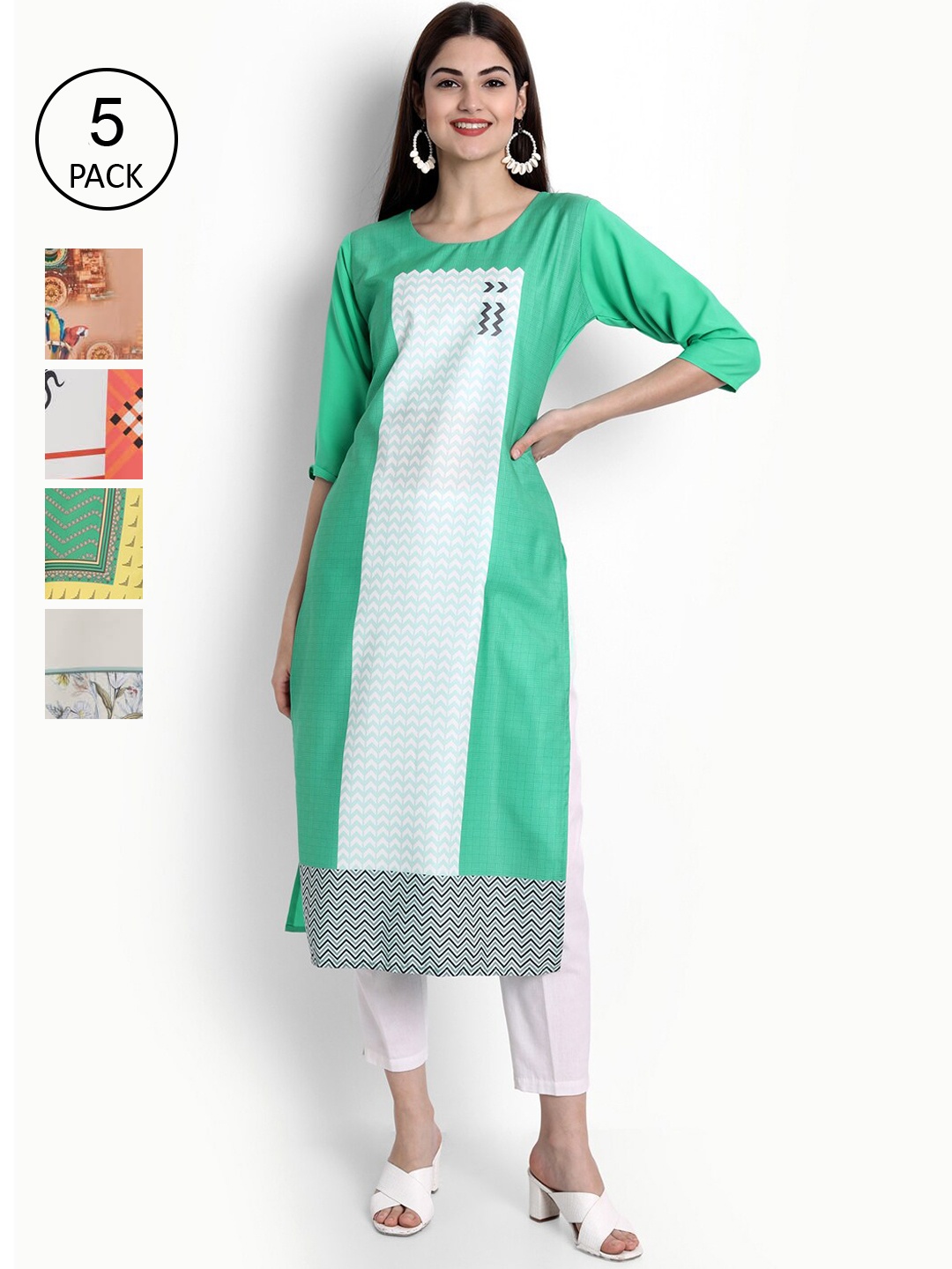Ethnic basket Women Pack Of 5 Kurtas, Green