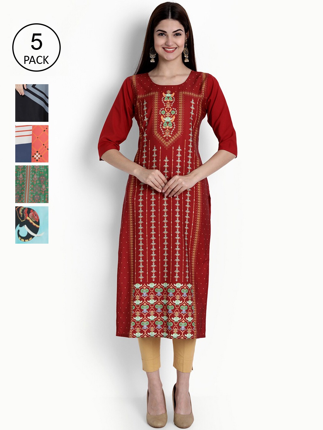 Ethnic basket Women Pack Of 5 Kurtas, Red