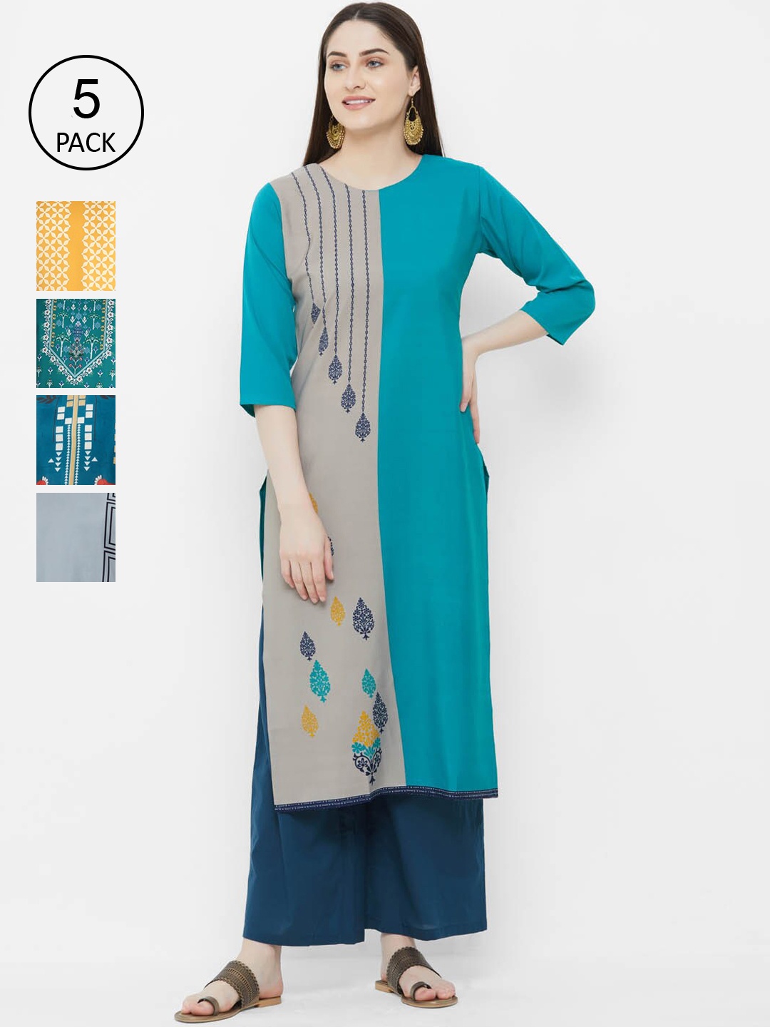 Ethnic basket Women Pack Of 5 Kurtas, Yellow