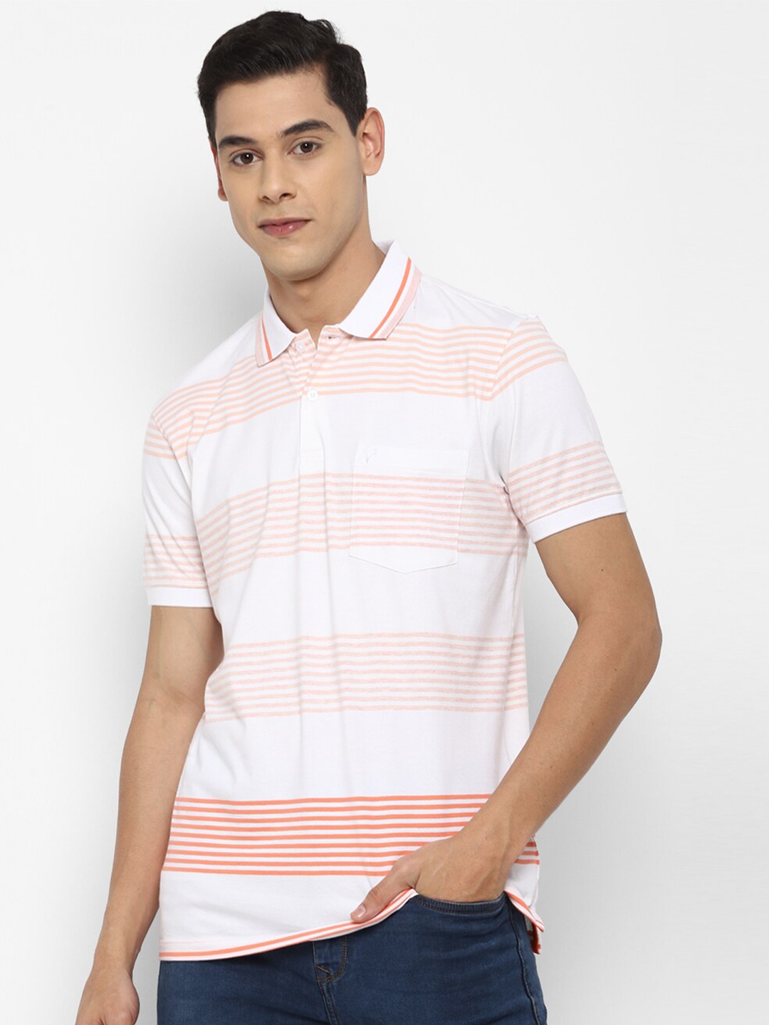 Allen Solly Men White & Peach-Coloured Striped Polo Collar Pockets Pure Cotton T-shirt
Allen Solly Men White & Peach-Coloured Striped Polo Collar Pockets Pure Cotton T-shirt