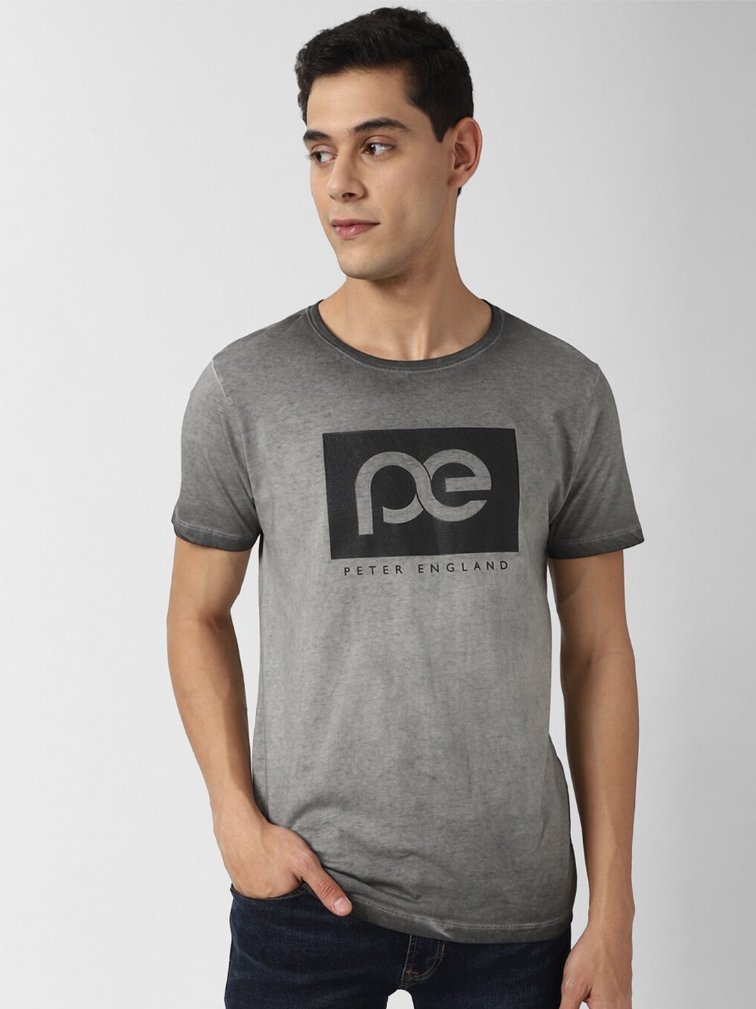 Peter England Casuals Men Grey Typography Printed Slim Fit T-shirt